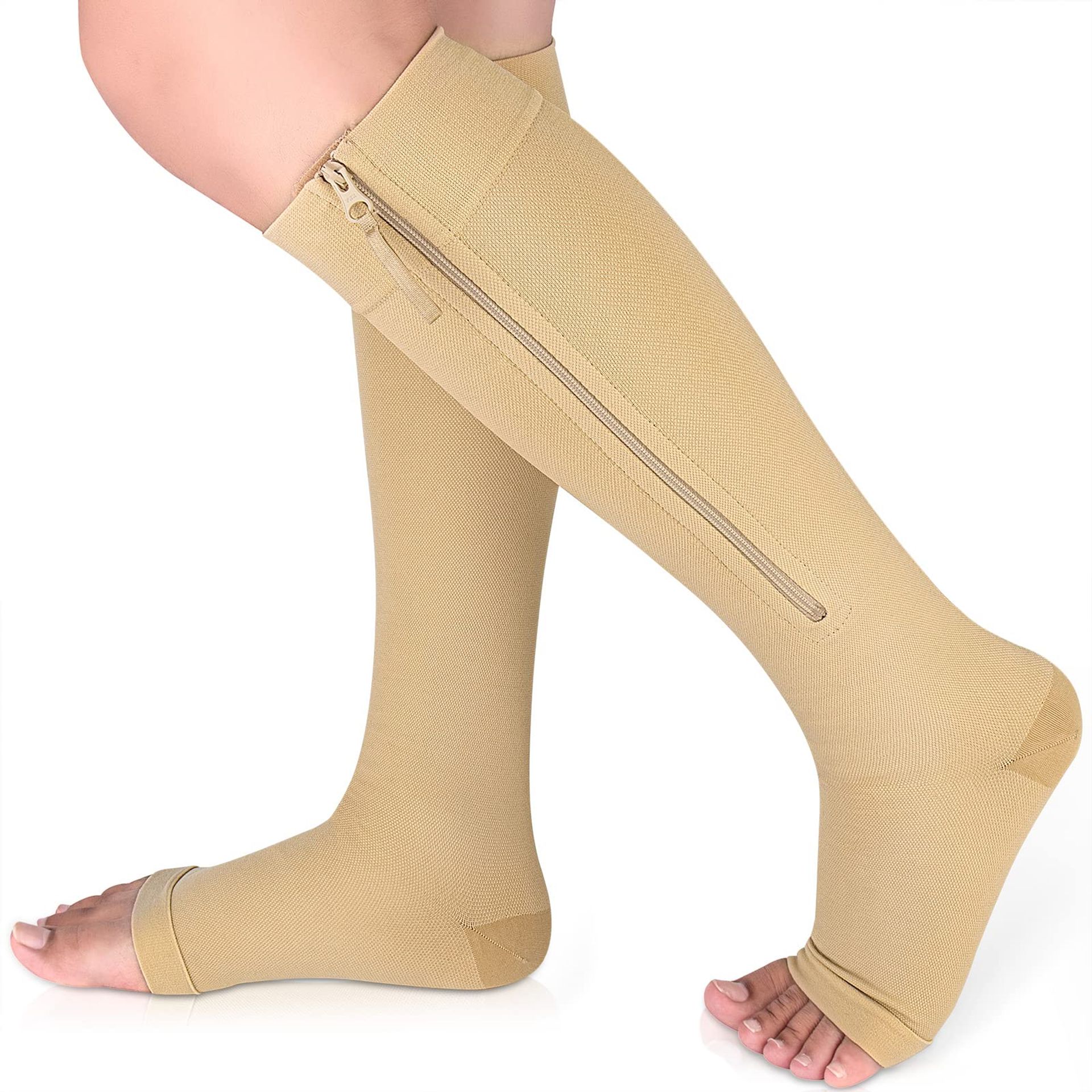 Knee High Compression Socks with Zipper 15-20mmHg Open Toe for Varicose Veins & Edema