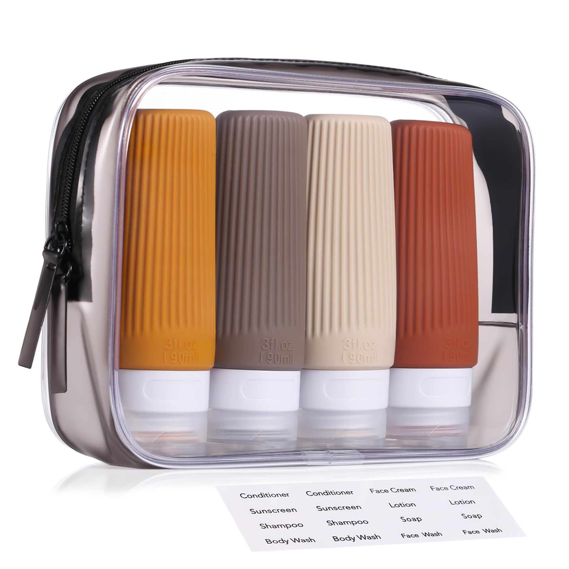 TSA Approved 90ml Silicone Travel Bottles Set - Leak-Proof & BPA Free with Toiletry Bag (4 Pack, Brown)
