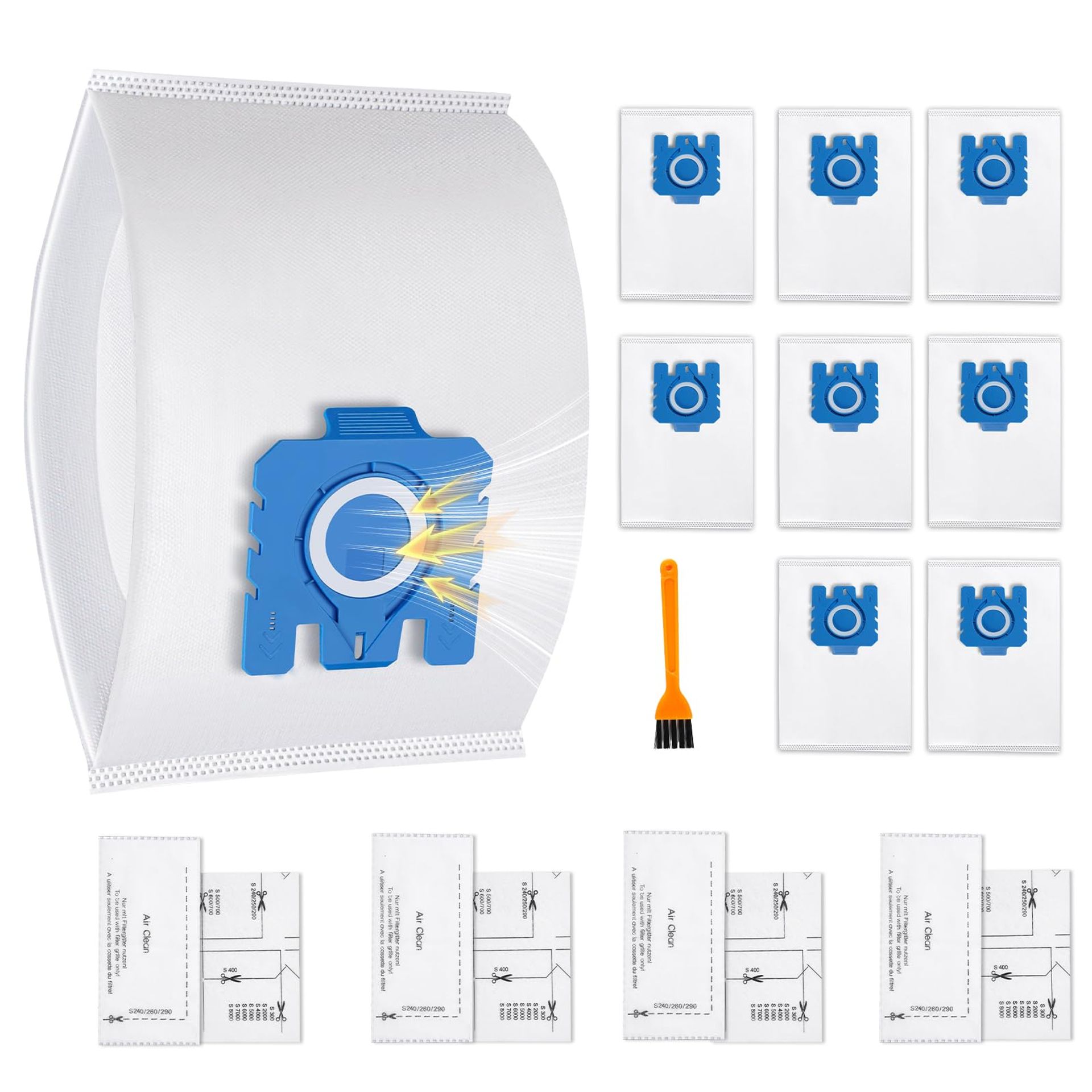 8 Pack AirClean 3D Efficiency GN Vacuum Bags with Filters & Brush Compatible with Miele Cylinder Vacuum Cleaners
