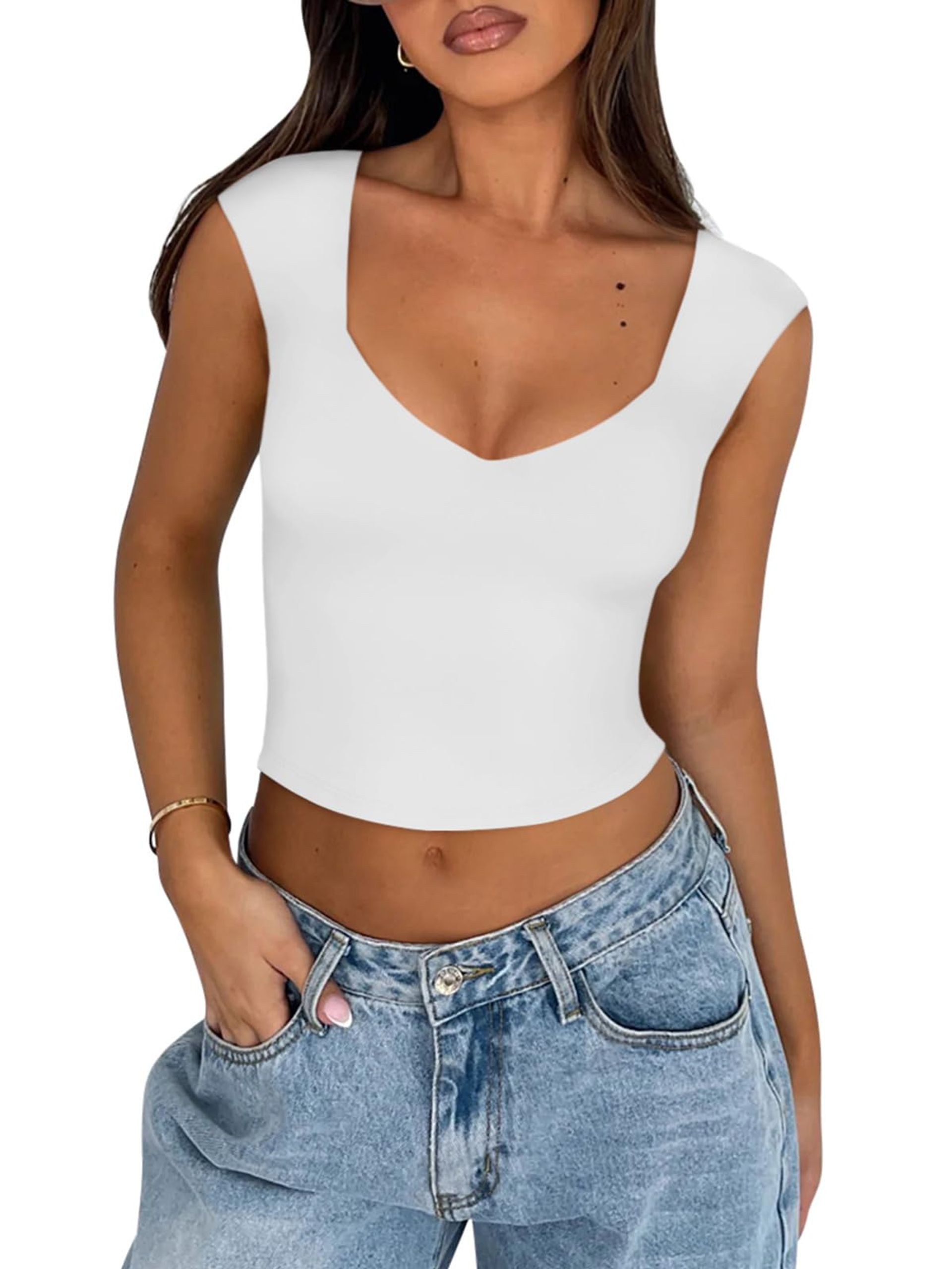 Women's Sleeveless V Neck Double Lined Crop Tank Top - White, Small, Summer Casual Slim Fit