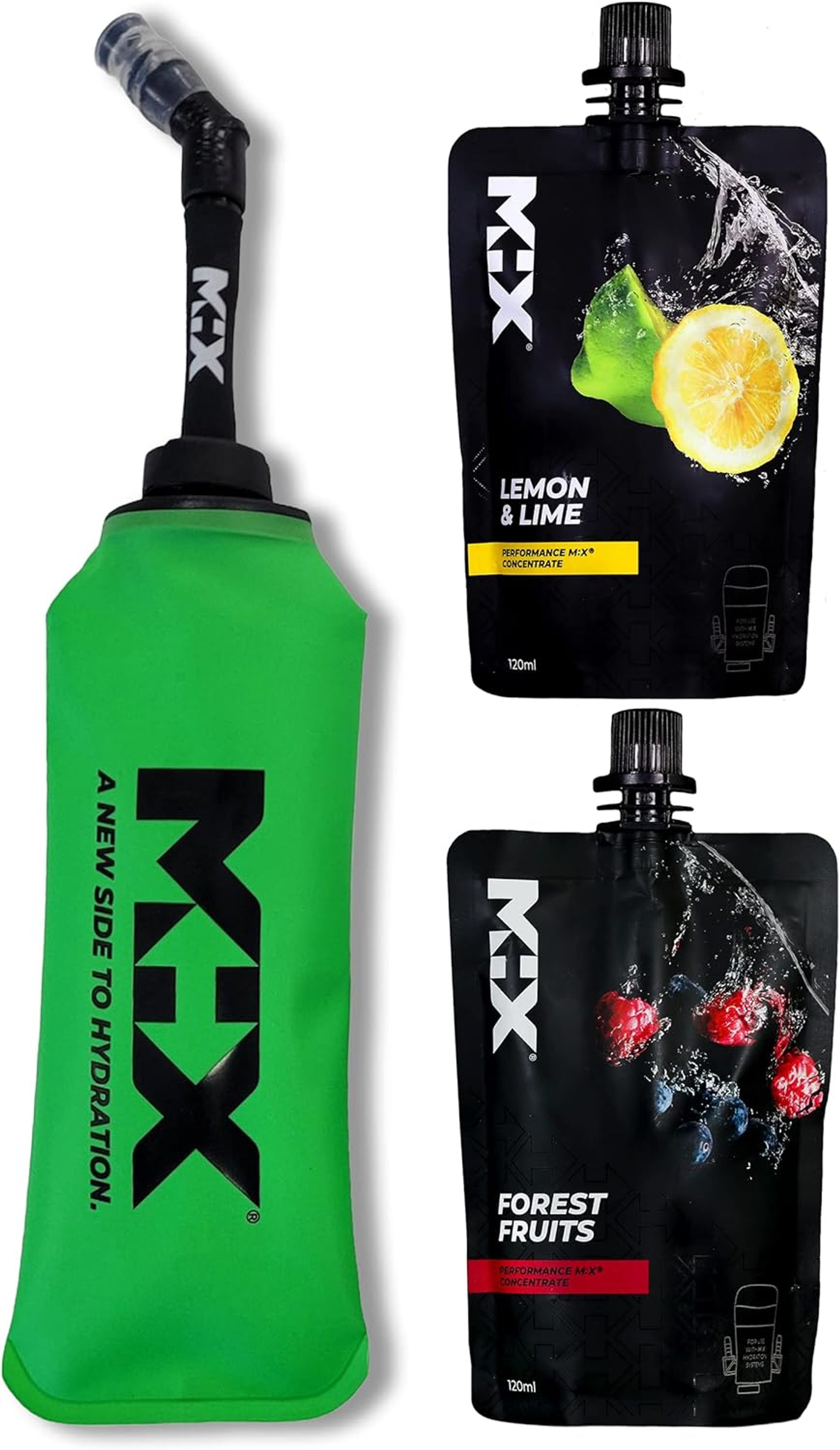 M:X® 500ml Green Soft Flask Sports Bottle + 2 Performance Concentrate Pouches | Foldable, Collapsible, Hiking & Cycling
