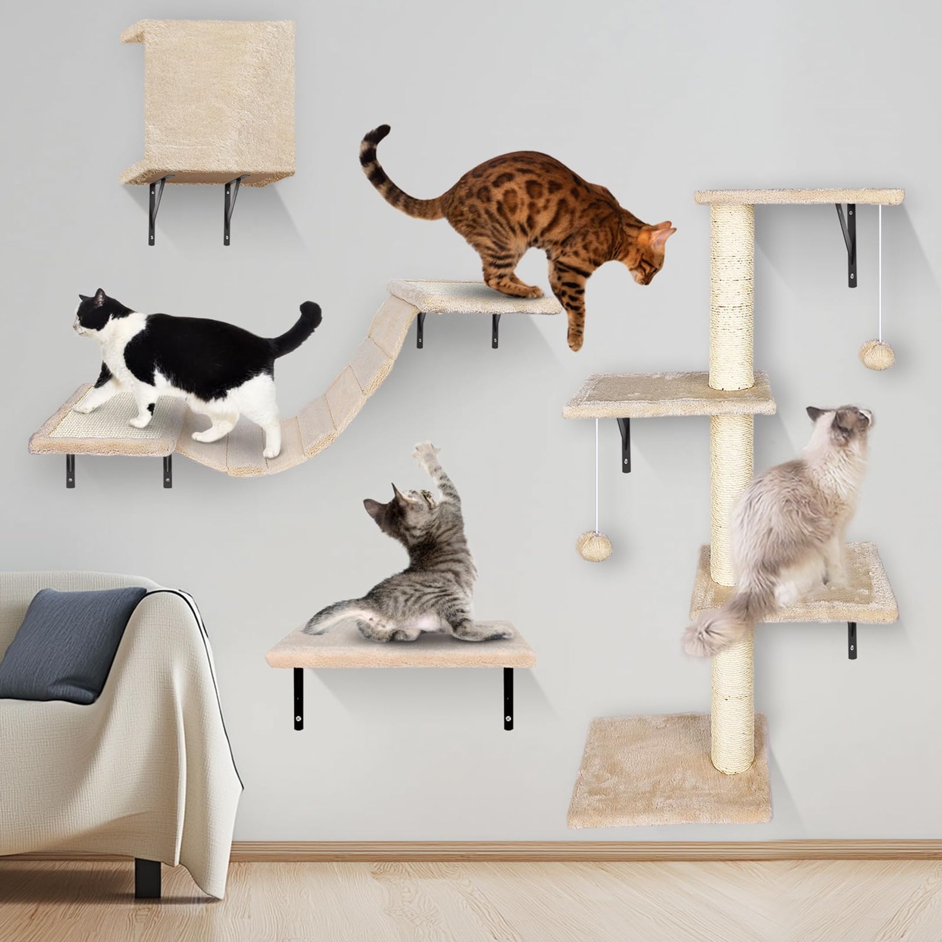 Cat Wall Climbing Set with Shelves, Hammock, Scratching Post & Tower - Beige
