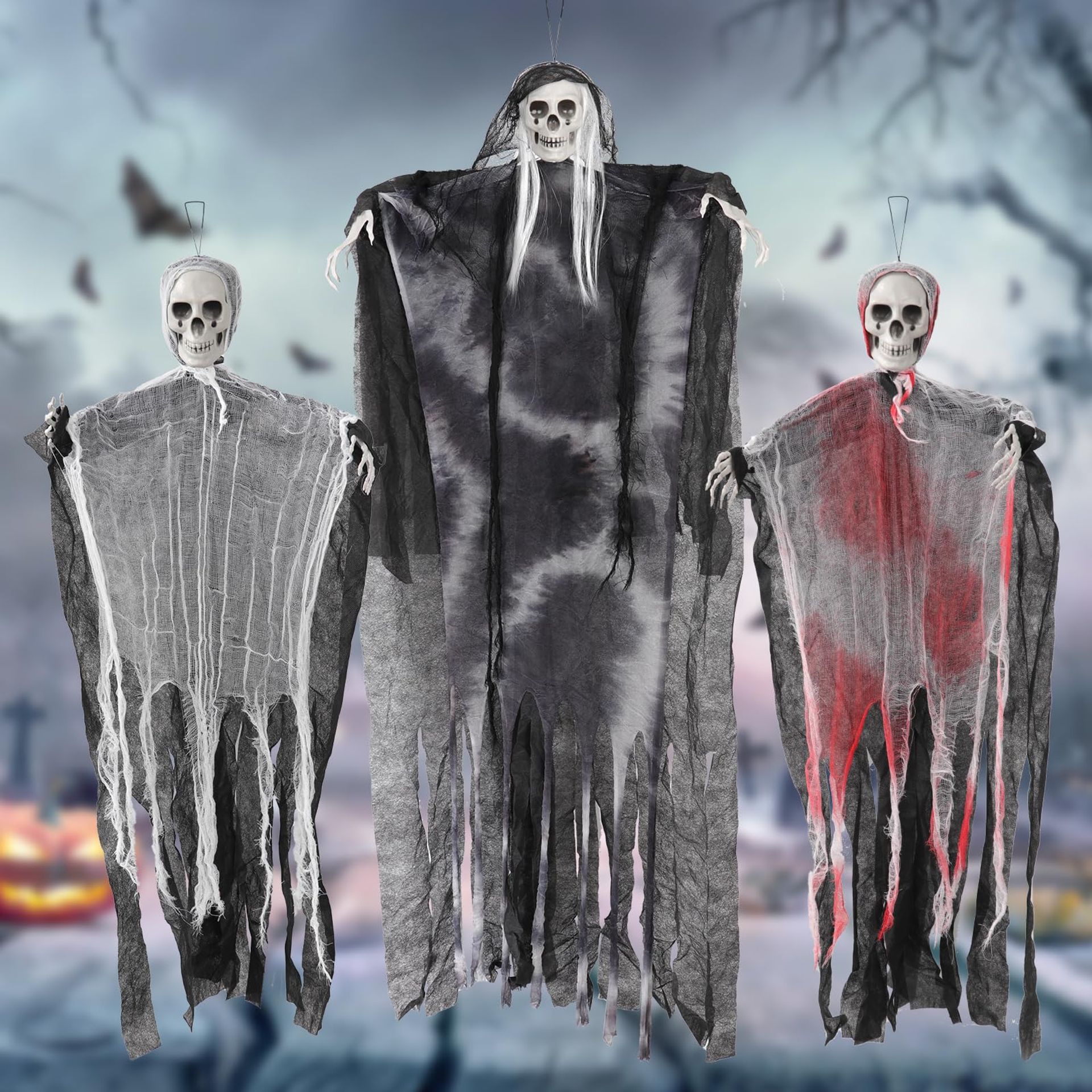3 Pack Hanging Halloween Decorations Spooky Skeleton Ghosts Outdoor Party Props - White Black Red Two Size