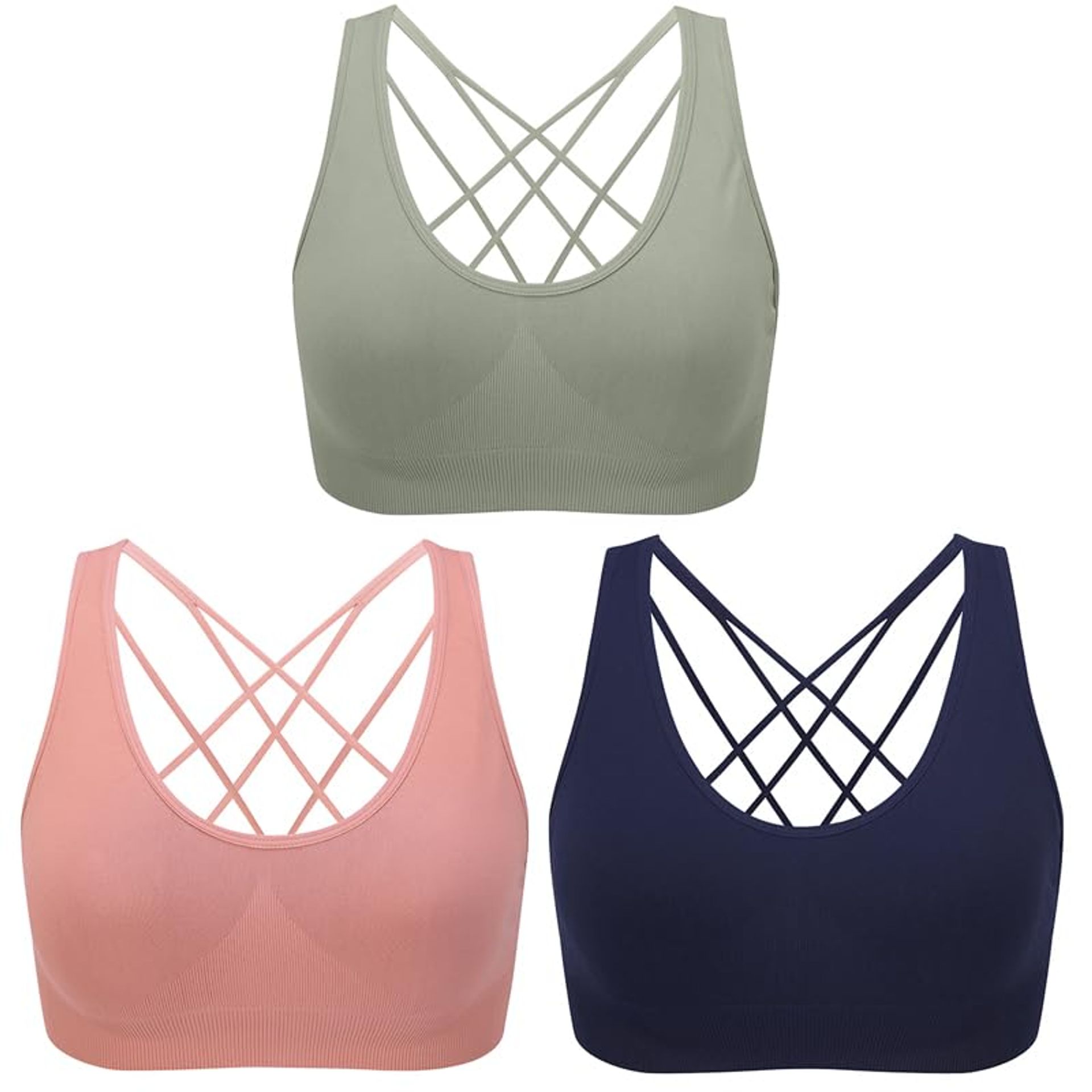 Women's Cross Back Sports Bras Padded Strappy Cropped Medium Support for Yoga, Fitness & Workout - Green/Pink/Blue S