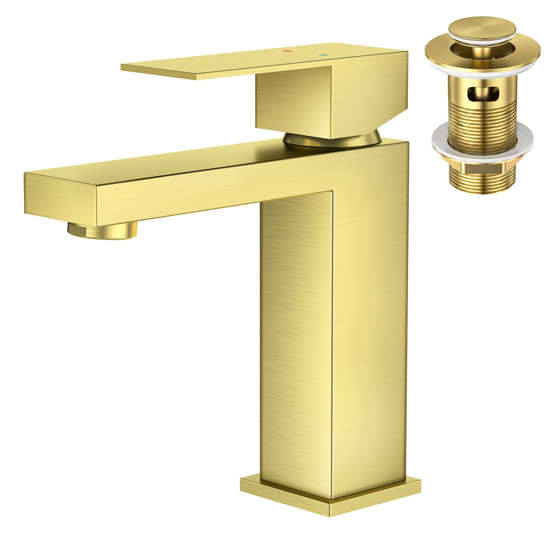 Bathroom Basin Mixer Tap Square Design with Pop-Up Drain Fitting, Single Lever Monobloc Tap Stainless Steel UK Standard - Brushed Gold