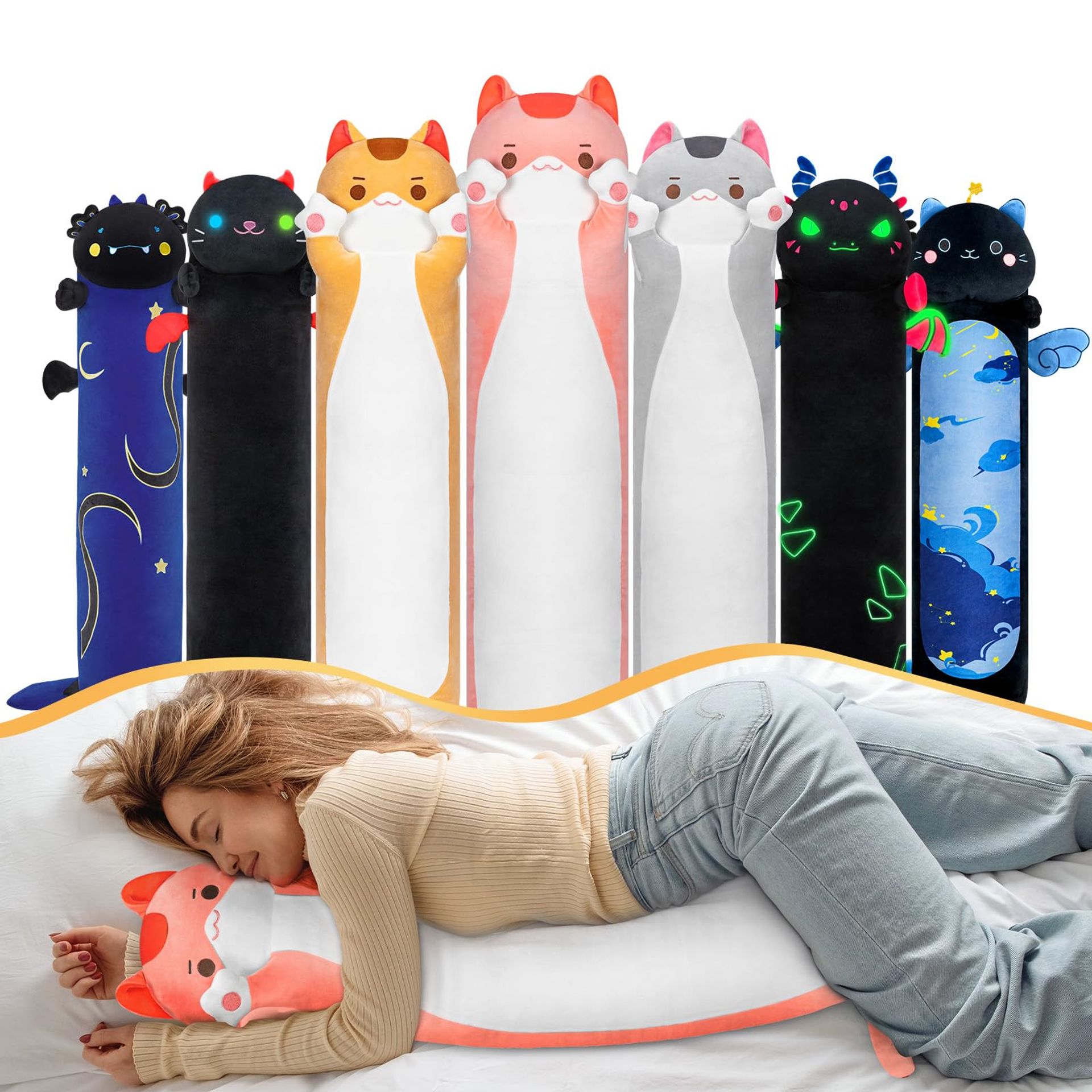 44in Long Cat Plush Pillow Soft Stuffed Animal Cushion Toy – Squishy Pink Kitten Hugging Body Pillow for Kids & Adults