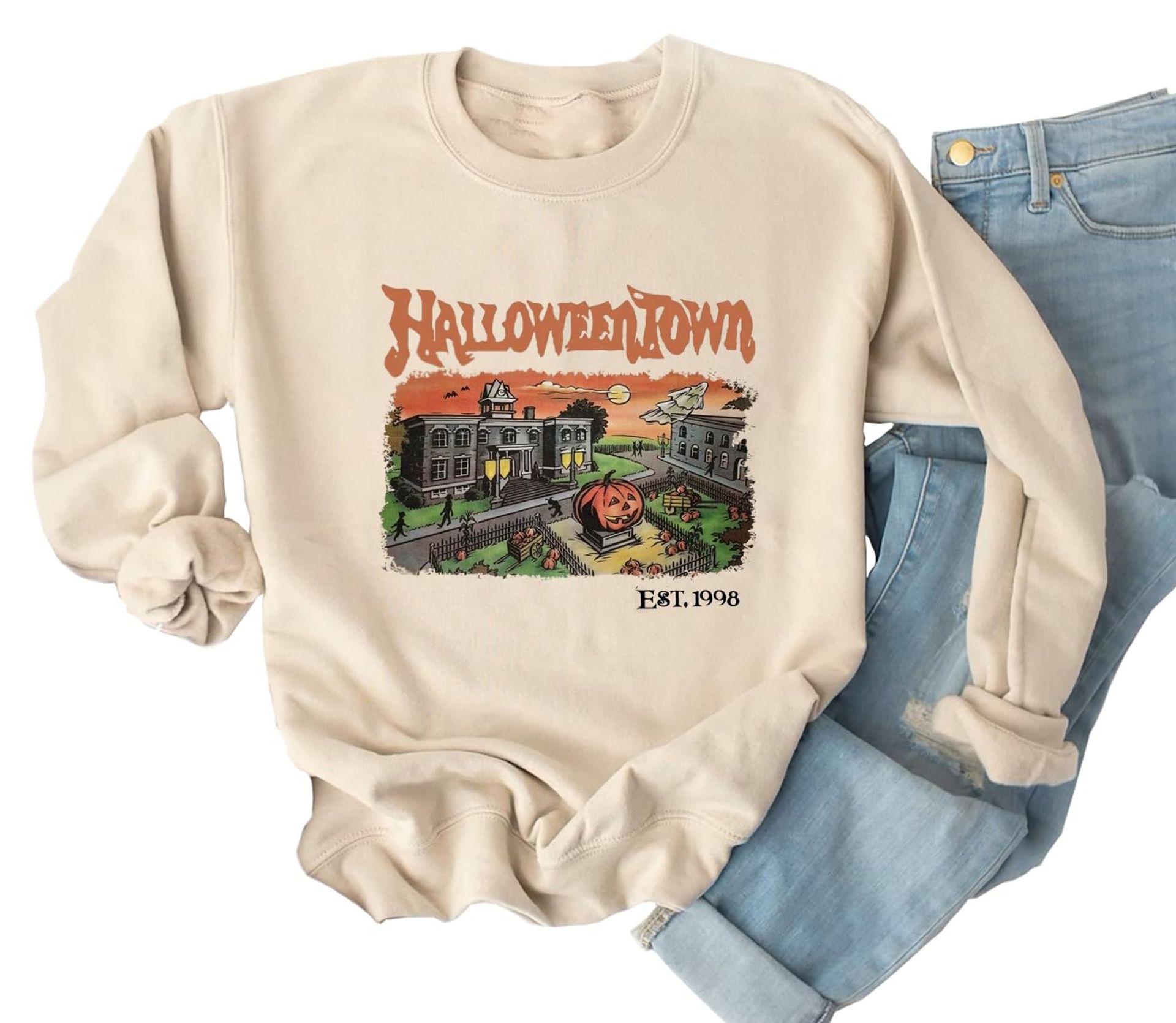 Women's Halloween Sweatshirt Funny Graphic Pullover Halloweentown Design - Beige M