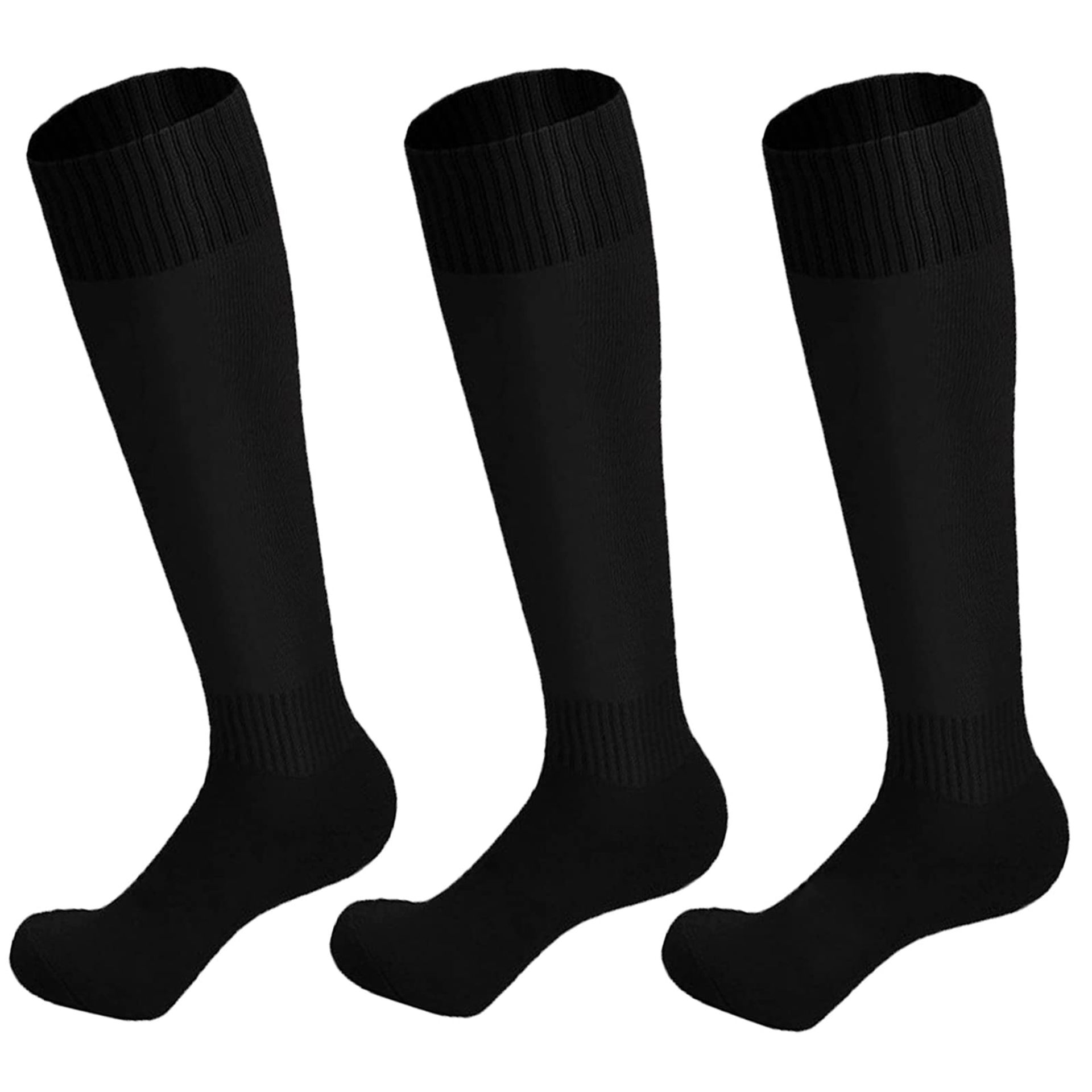 3 Pairs Kids Football Socks - Knee High, Thickened Bottom, Black, Ages 5-12 for Rugby & Hockey