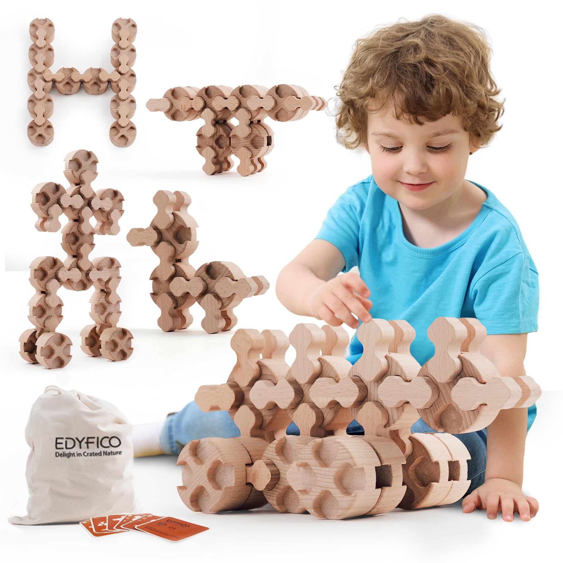 Wooden Building Blocks for Kids 3+ | Montessori STEM Toy with Cards & Bag | Educational Construction Set for Boys & Girls