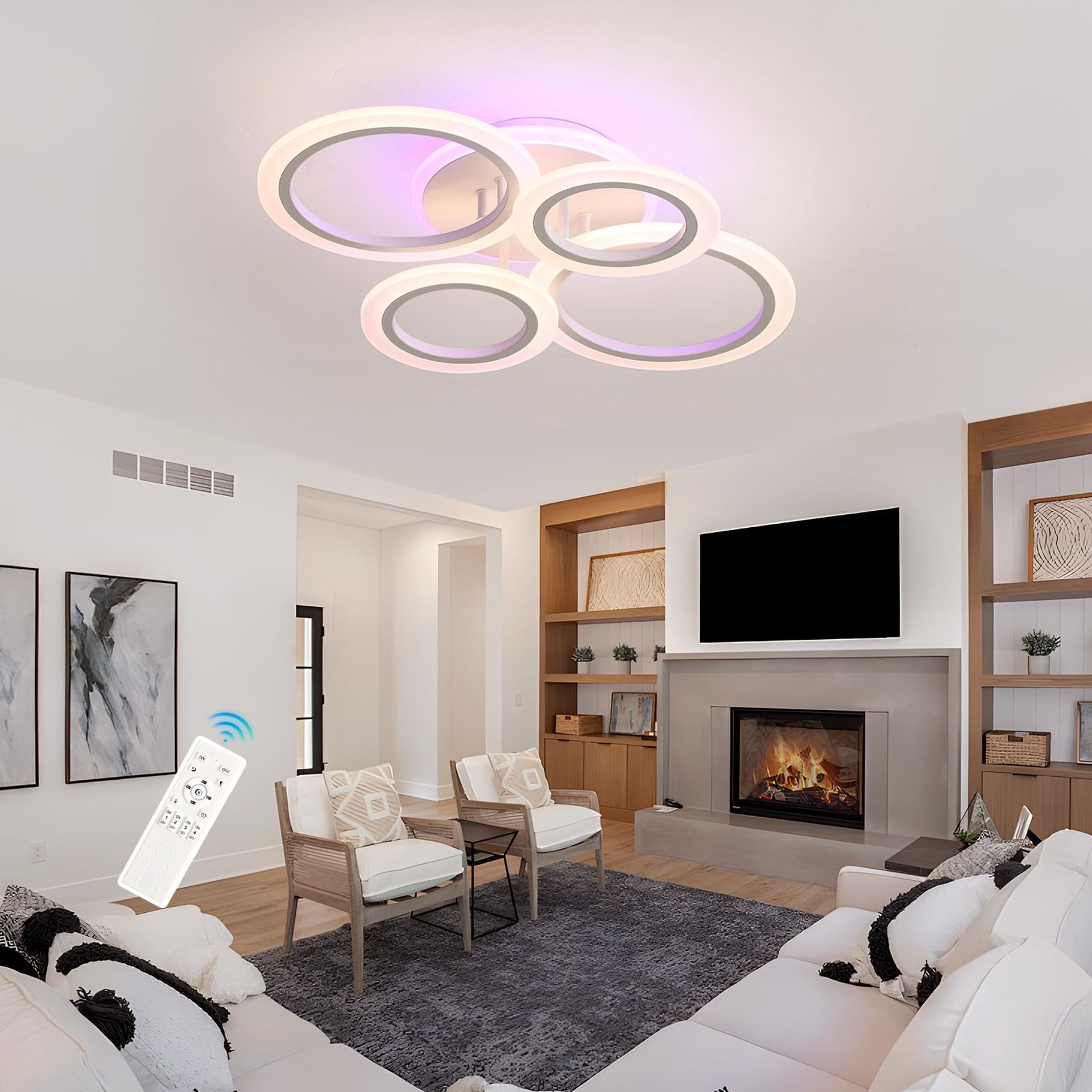 Modern LED Ceiling Light Fixture 4-Ring Dimmable Flush Mount with Remote Control 3000–6000K for Living Room, Kitchen, Bedroom - White