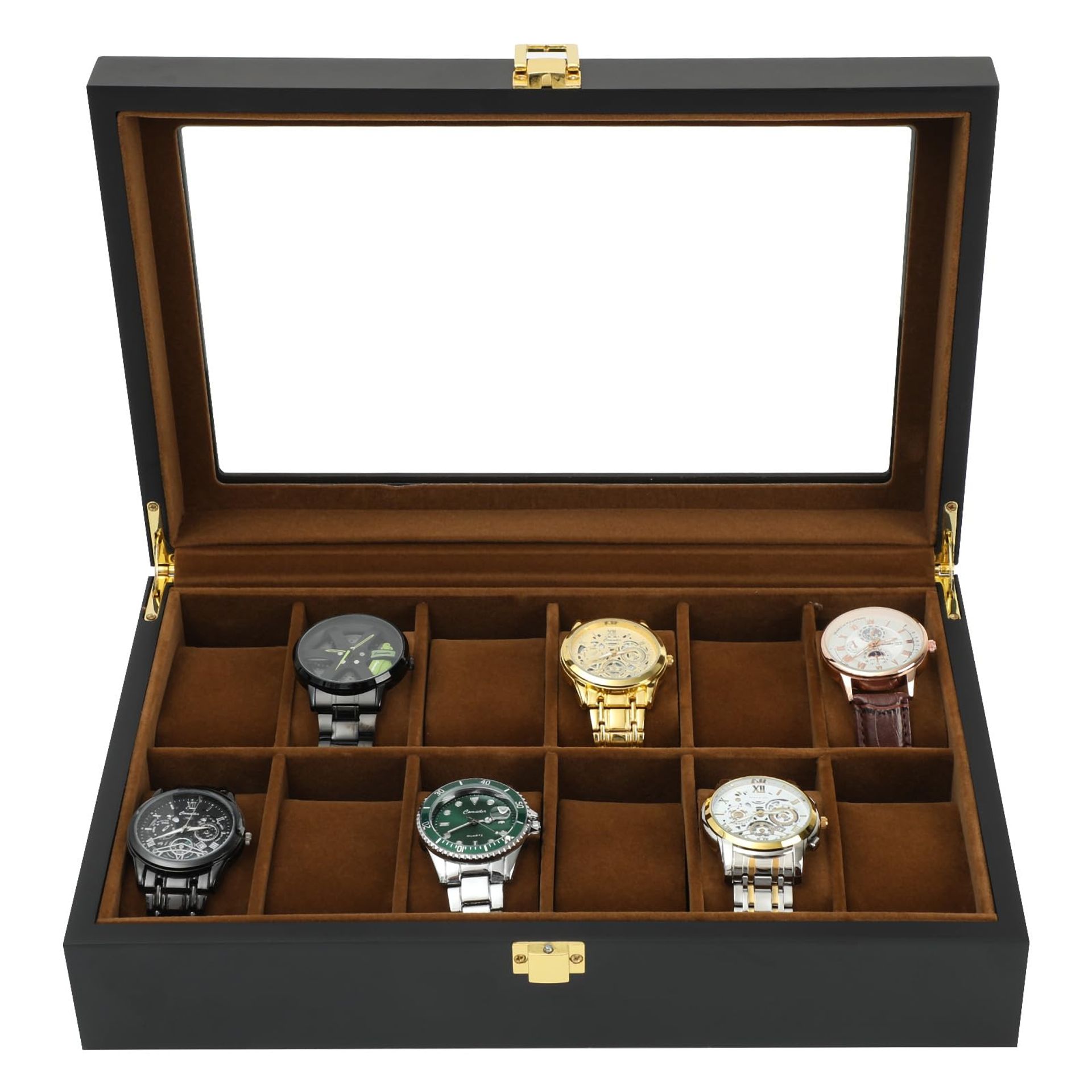 Wooden Watch Box 12 Slot Display Case with Glass Lid for Men’s Watches and Jewellery - Black 12 Slots