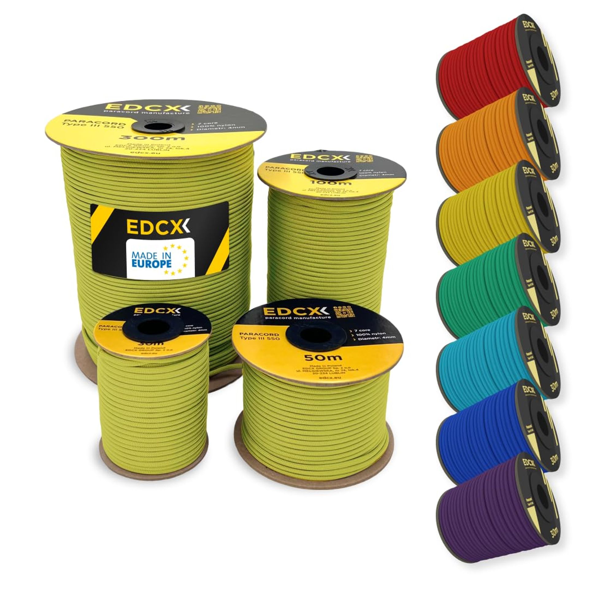 4mm Nylon Paracord 550 Type III 300m Rope - 7 Strand, 100% Nylon, Strong, UV & Moisture Resistant - Yellow