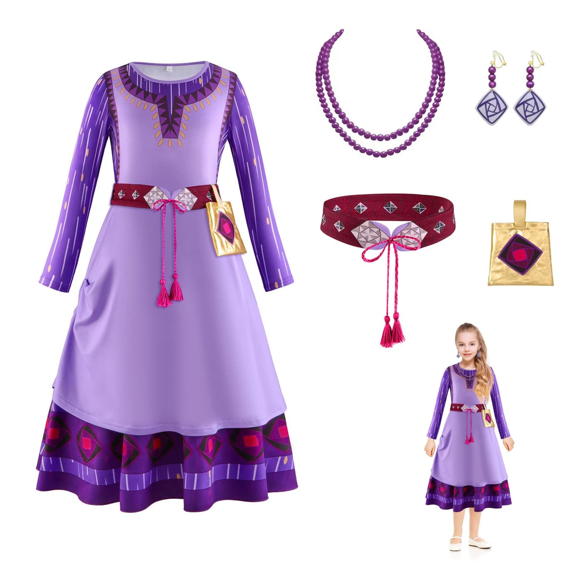 Girls Princess Dress Up Costume Set with Jewellery Accessories for Carnival, Cosplay & Parties - Purple 110