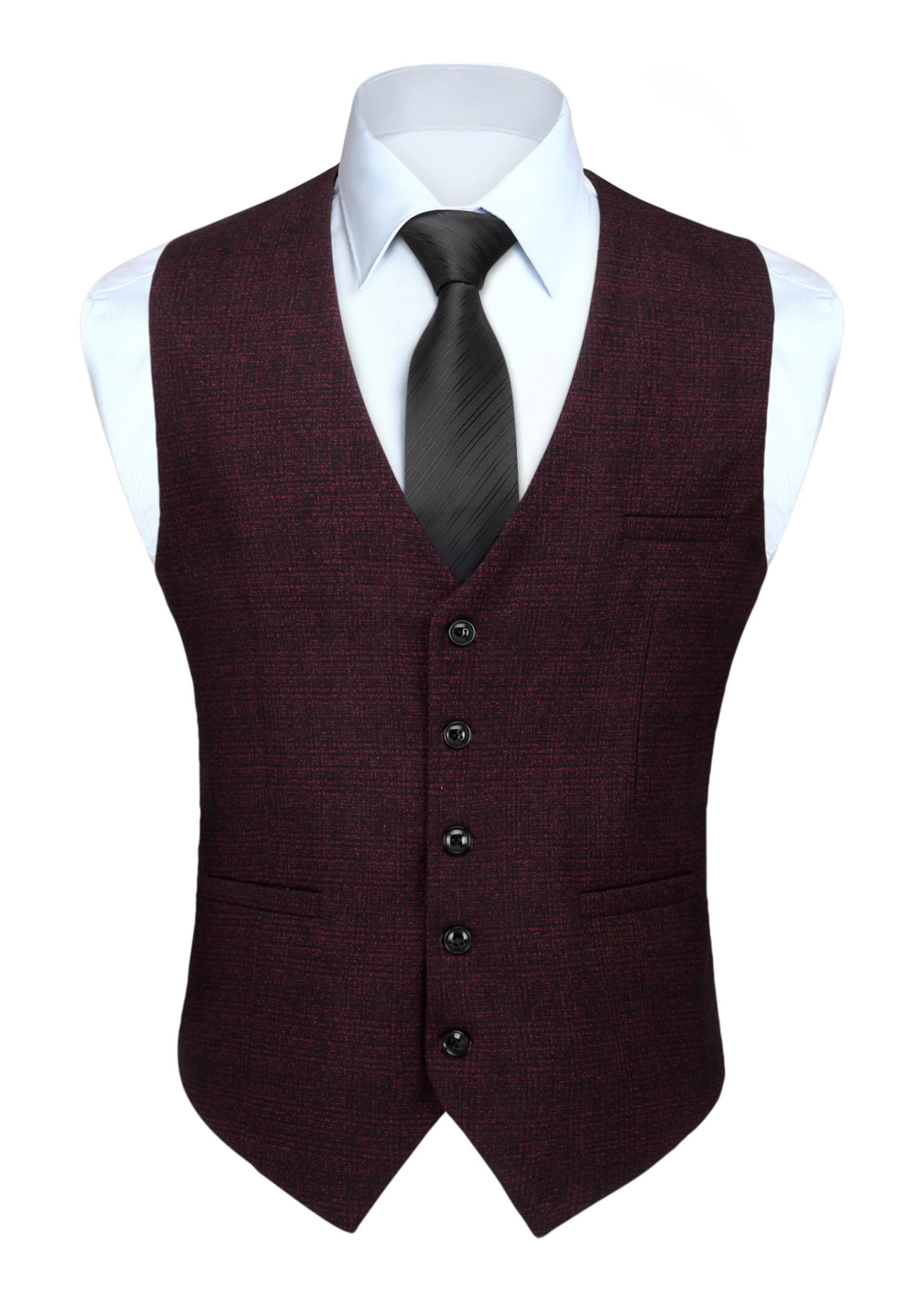 Men's Formal Plaid Waistcoat Classic Check Suit Vest with Pockets - Burgundy 3XL