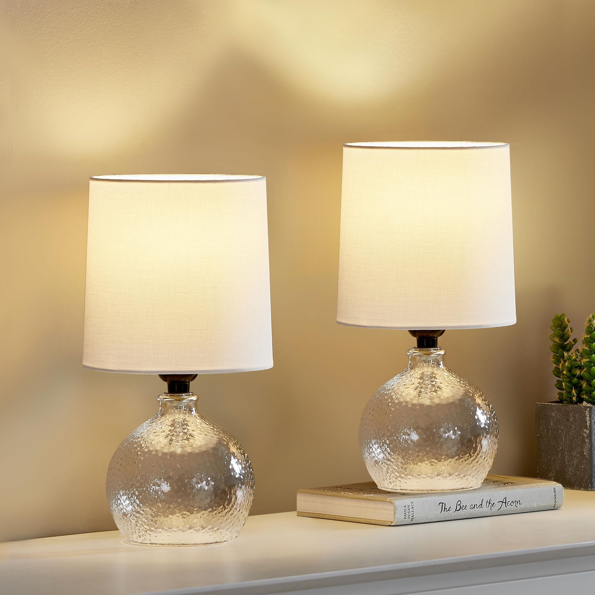 Set of 2 Glass Table Lamps with White Fabric Shades – Elegant Bedside & Living Room Lighting