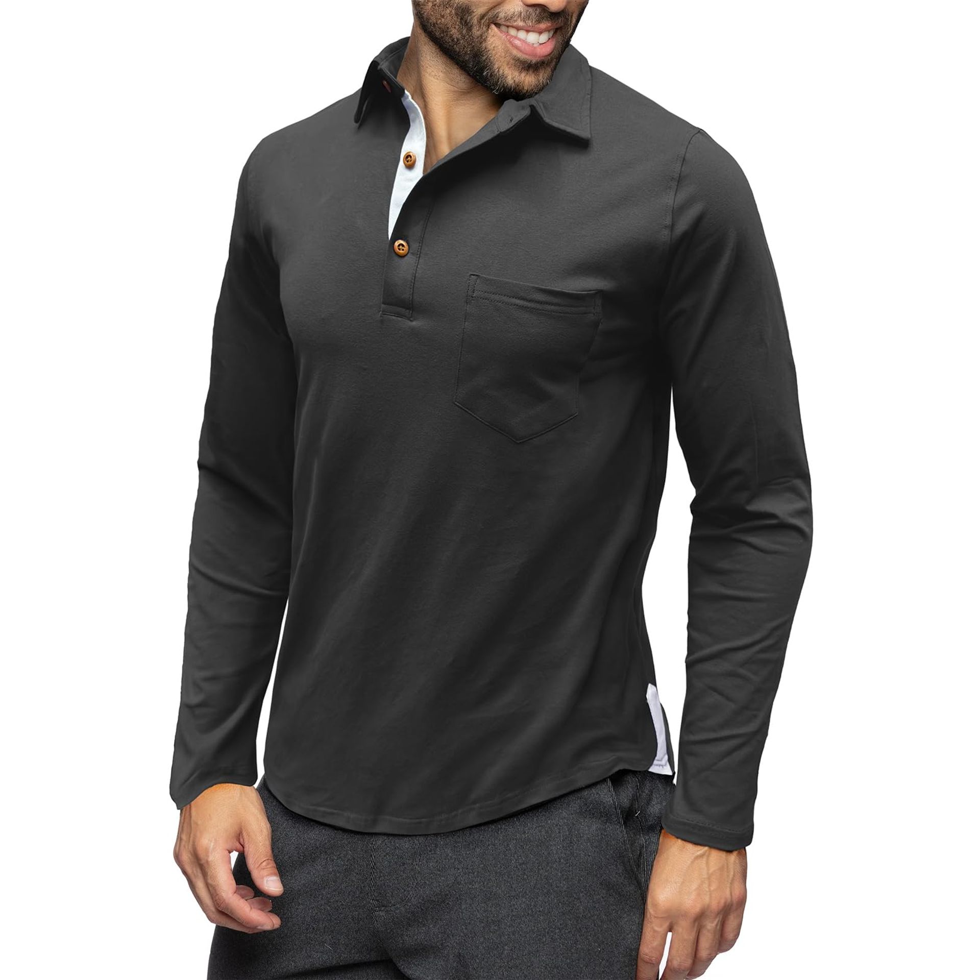Men's Long Sleeve Polo Shirt Cotton Golf Top Grandad Style Casual Black - Size L