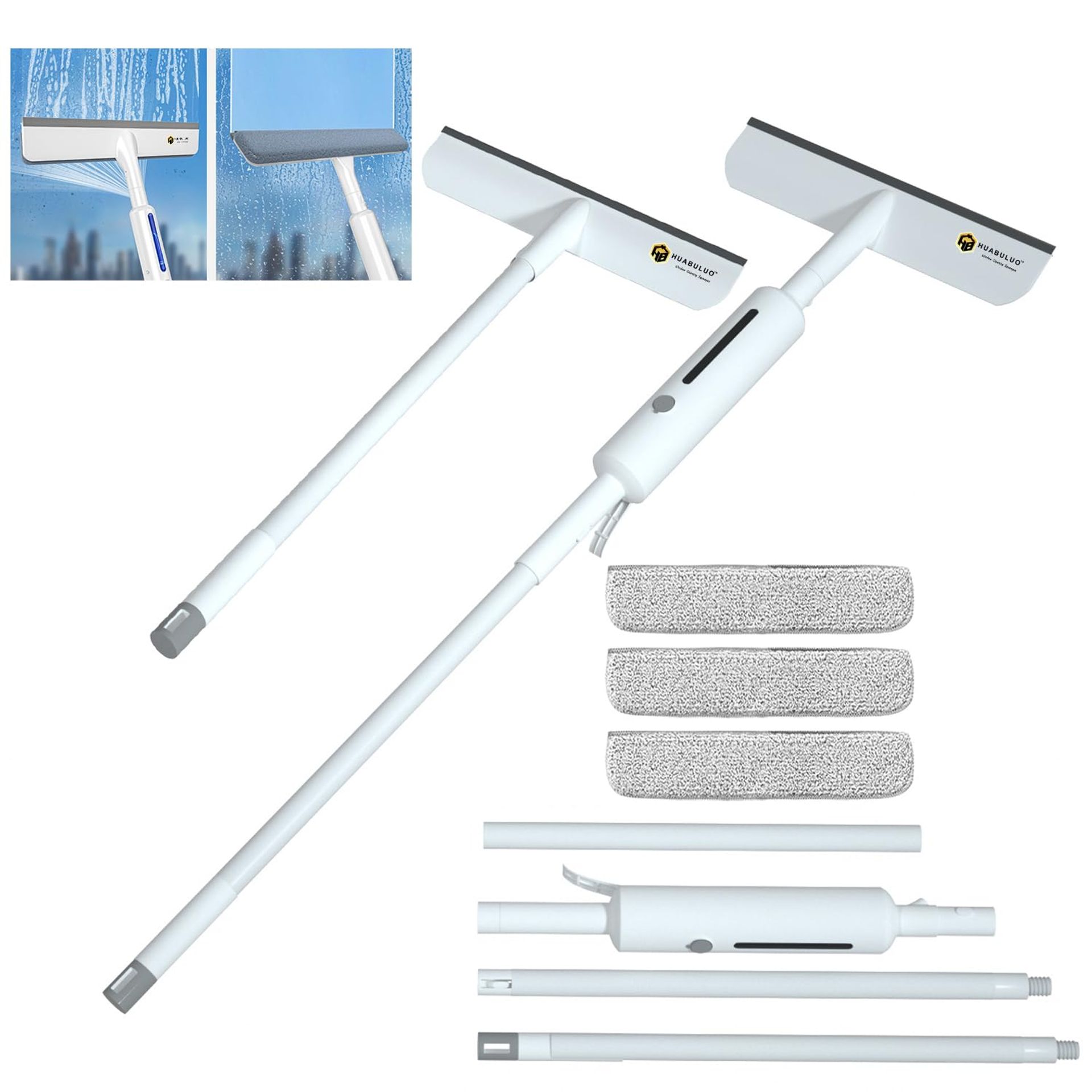 3 in 1 High Window Squeegee Cleaner with Spray & Extension Rod - 59'' Reach, 3 Wipe Pads