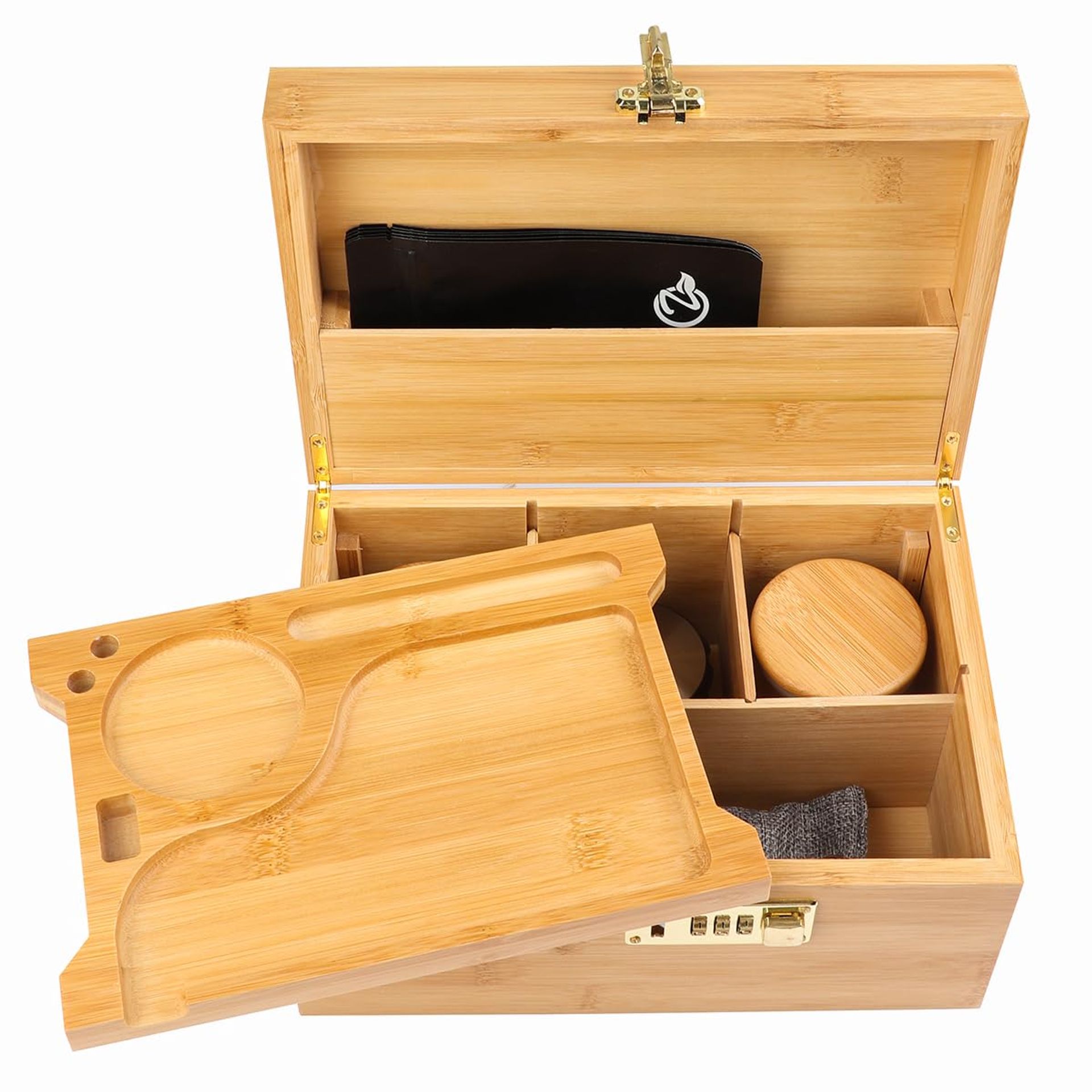 Large Bamboo Storage Box with Combination Lock, Jar, Tray & Bags - Natural Medium