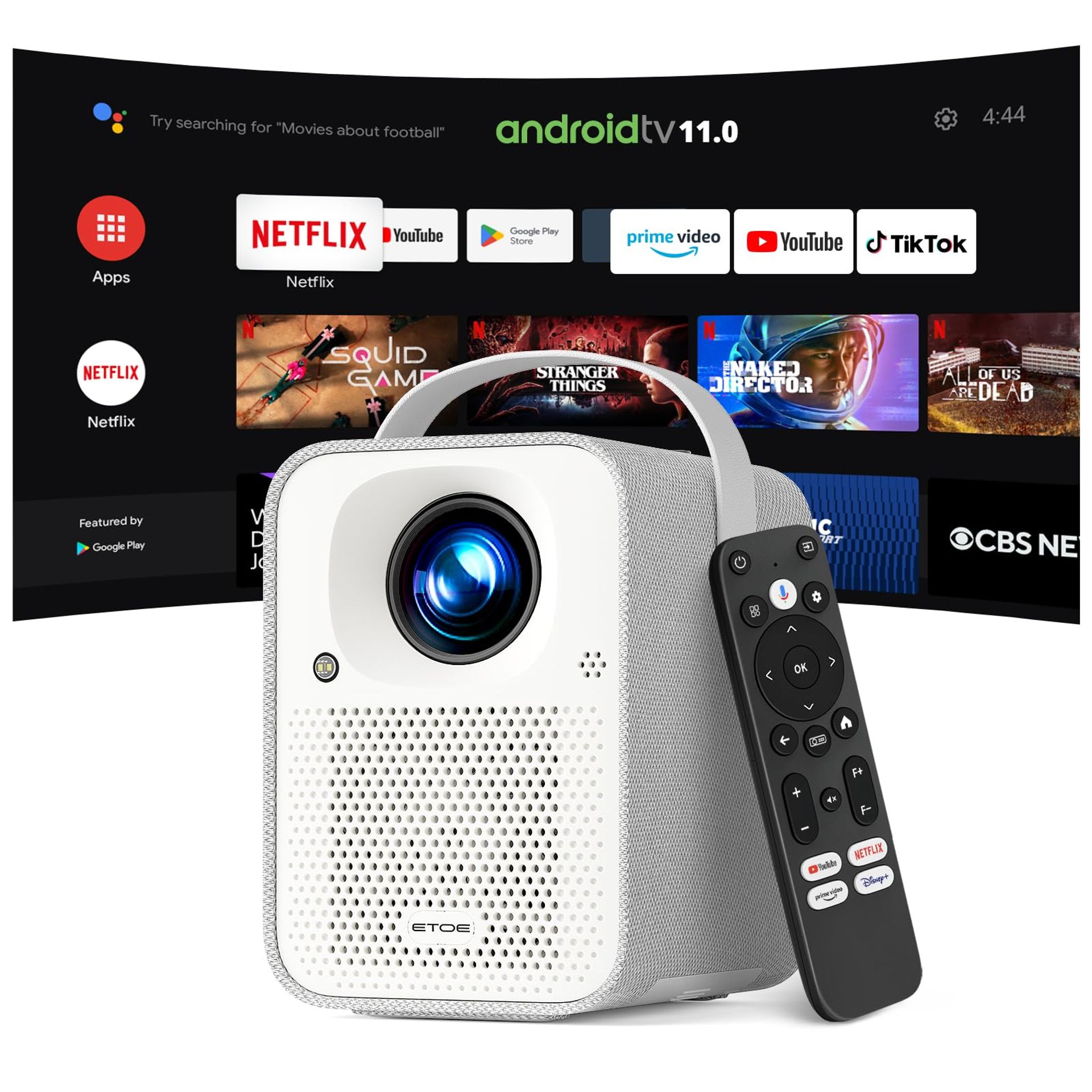 Portable Projector Native 1080P 500 ANSI Lumens Android TV 14.0 Netflix & Disney+ Dolby Audio Auto Focus Keystone Correction Quiet 2x5W Speakers - White ETOE Seal