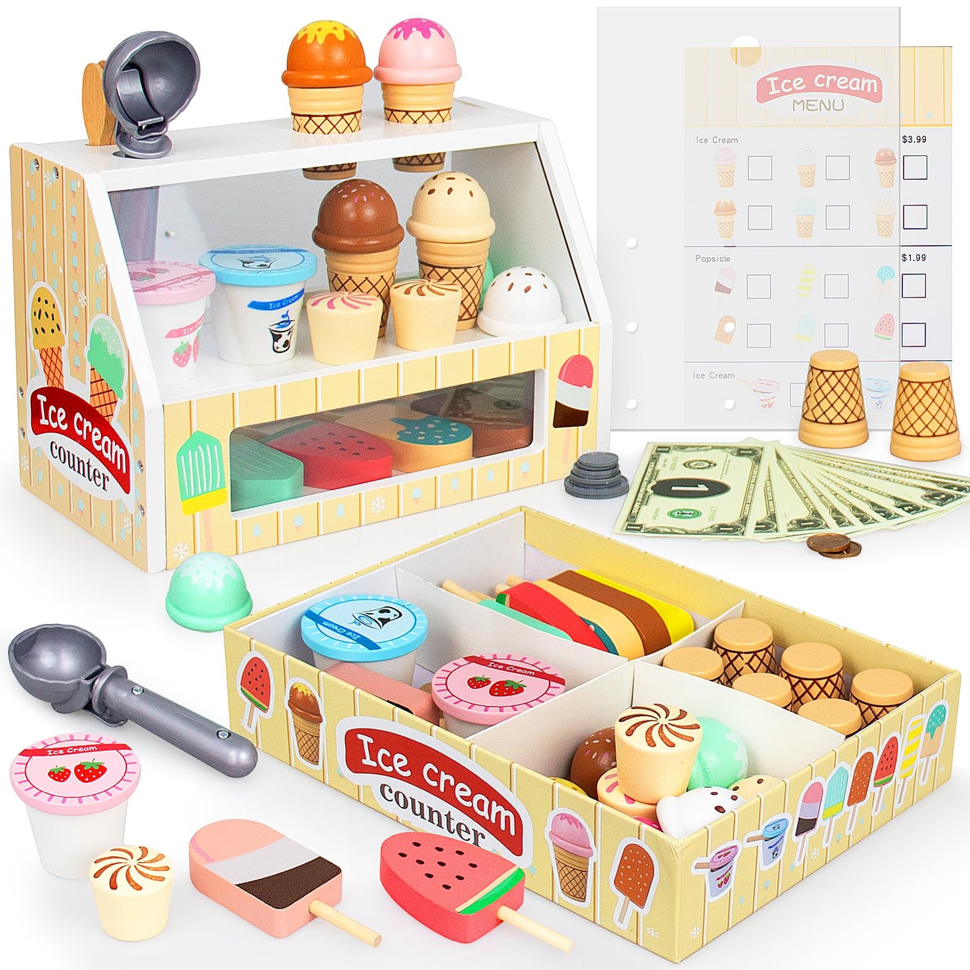 Wooden Ice Cream Toy Shop Set for Kids - Imaginative Role Play Gift with Counter, Cones, Popsicles & Coins