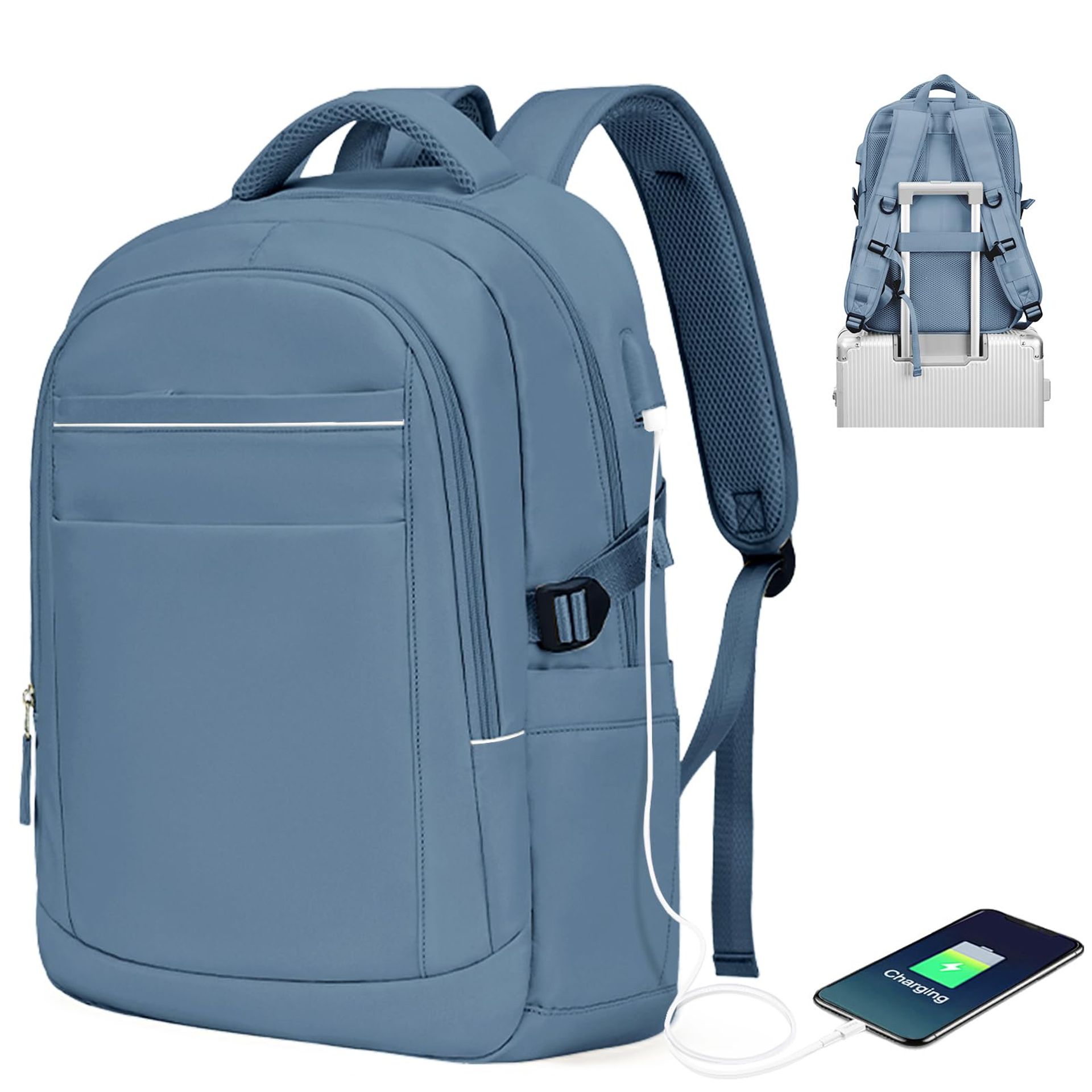 Laptop Backpack 15.6-Inch Business Travel Bag with USB Charging Port, Waterproof Anti-Theft Design for Work or School - Sapphire Blue A4