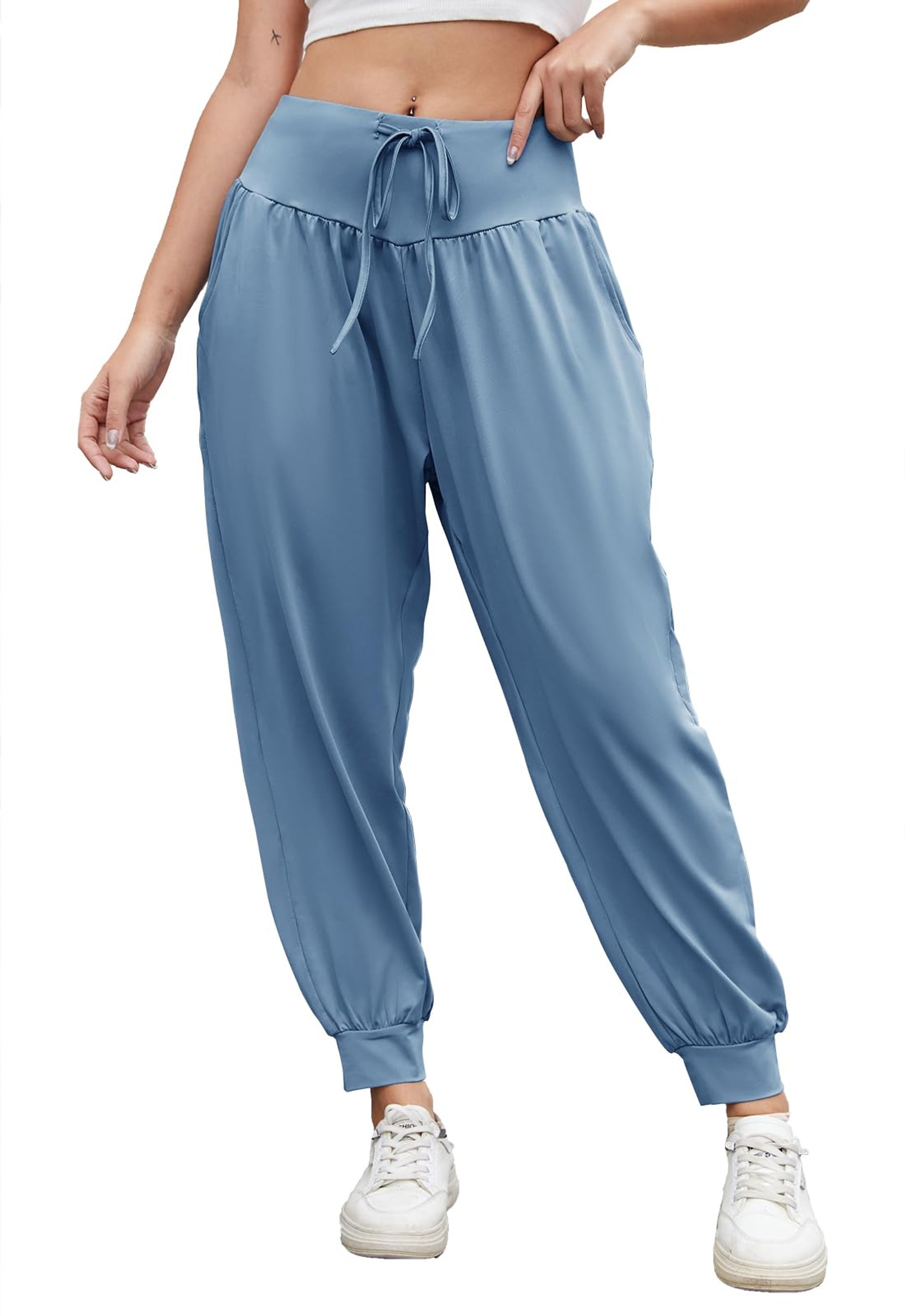 Women's Yoga Pants High Waist Harem Style Soft Lounge Trousers with Pockets - Blue M