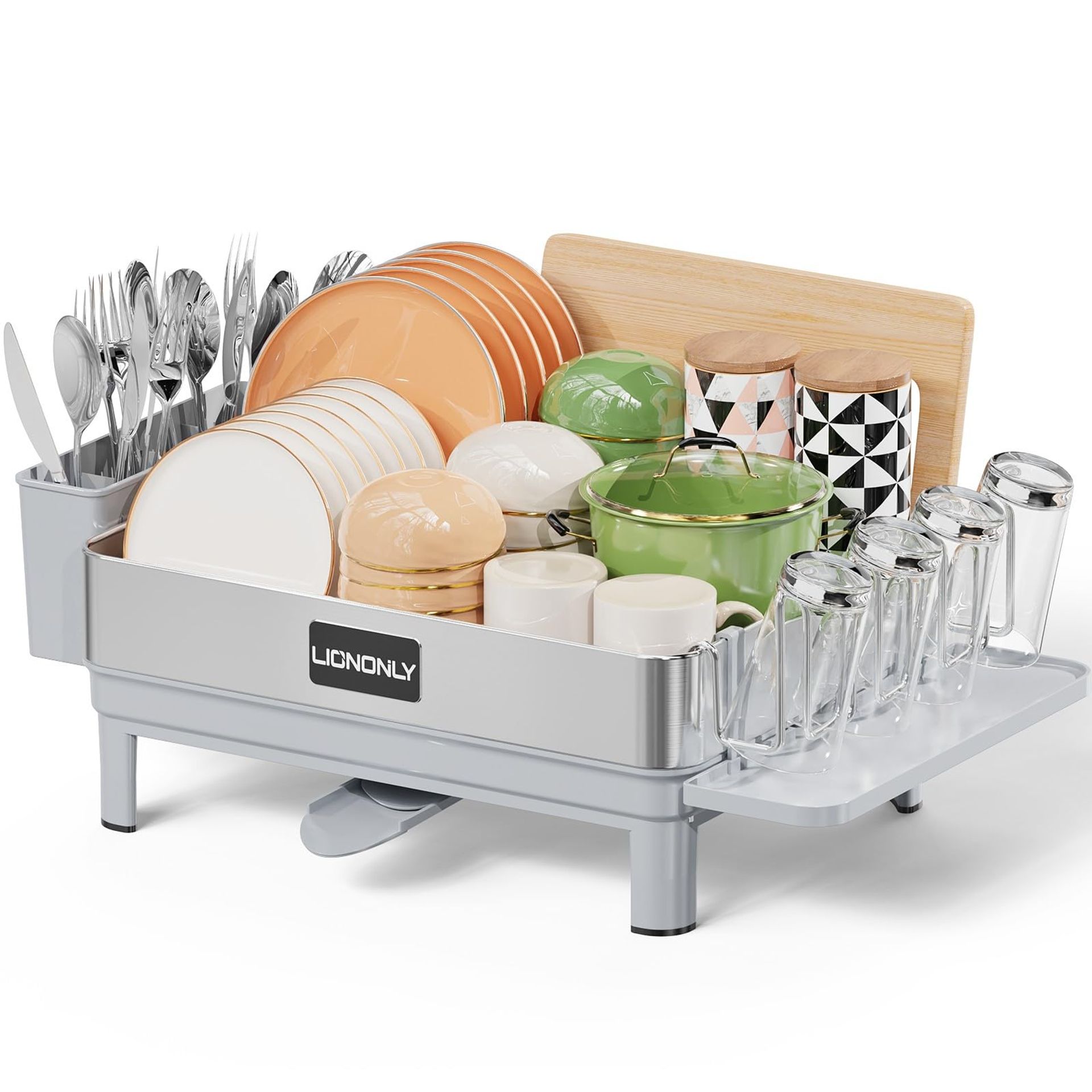 Dish Drainer Rack Premium 304 Stainless Steel Anti-Rust Design with Cup Holder, Swivel Spout & Utensil Holder - Grey 1-Tier 23.3in