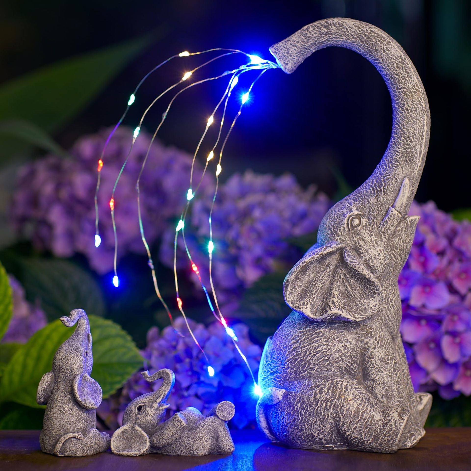 Elephant Solar Statue Garden Ornament with LED Watering Lights Outdoor Figurine Gift - Two Baby Elephants