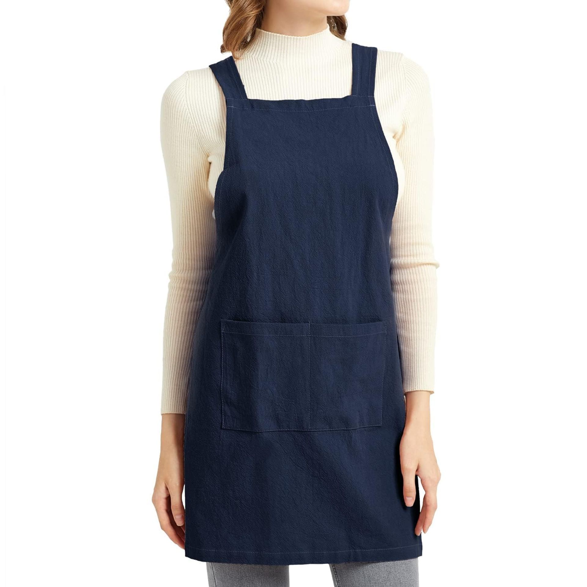 Women's Cross Back Cotton Linen Apron with Pockets No-Tie Design for Cooking, Gardening & Crafts - Navy L