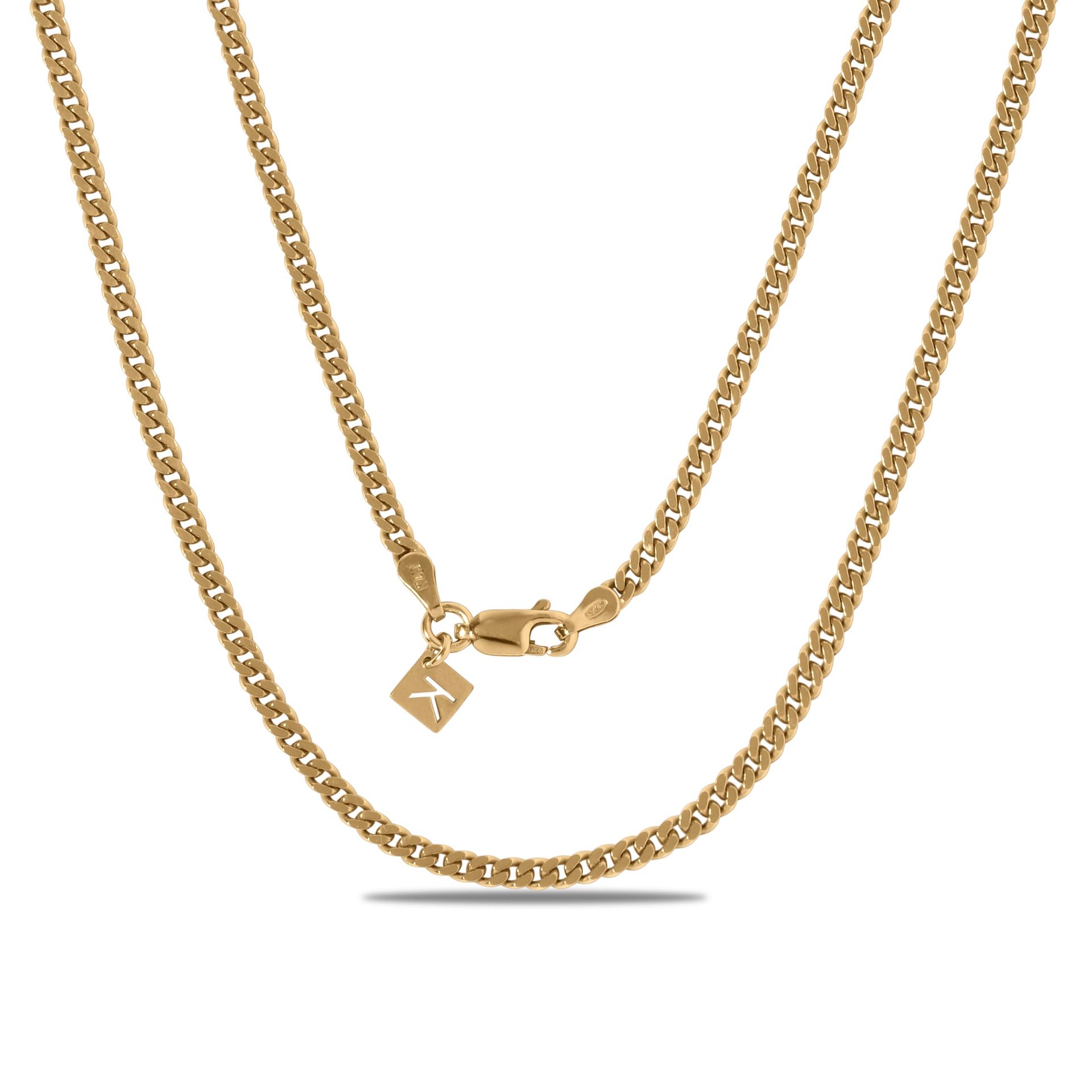Cuban Curb Chain Necklace 925 Sterling Silver with 18ct Gold Plating Unisex 3mm Link - Gold 20" (50cm)