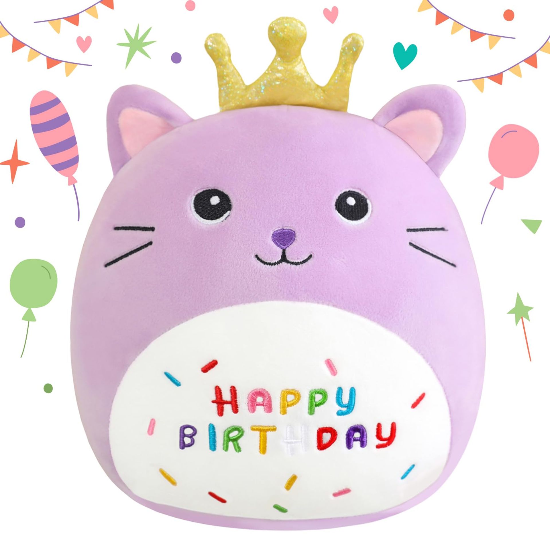 Happy Birthday Cat Plush Toy with Crown – 10 Inch Soft Stuffed Animal Cushion for Kids, Boys & Girls – Purple 35cm