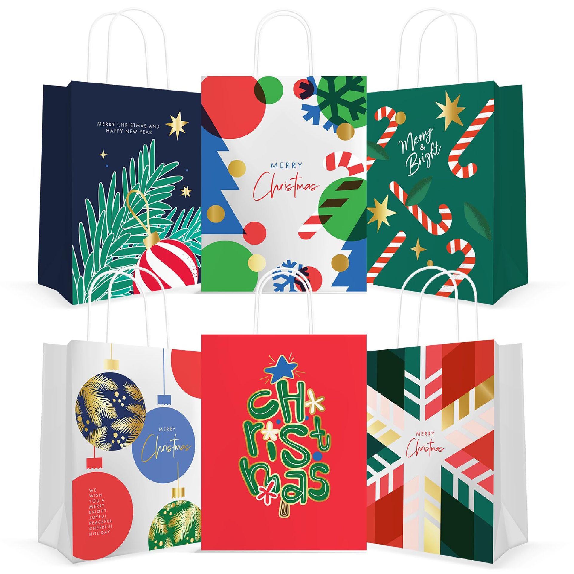 24 Christmas Kraft Paper Gift Bags with Gold Foil Design for Parties and Holiday Treats - Green Pack of 24