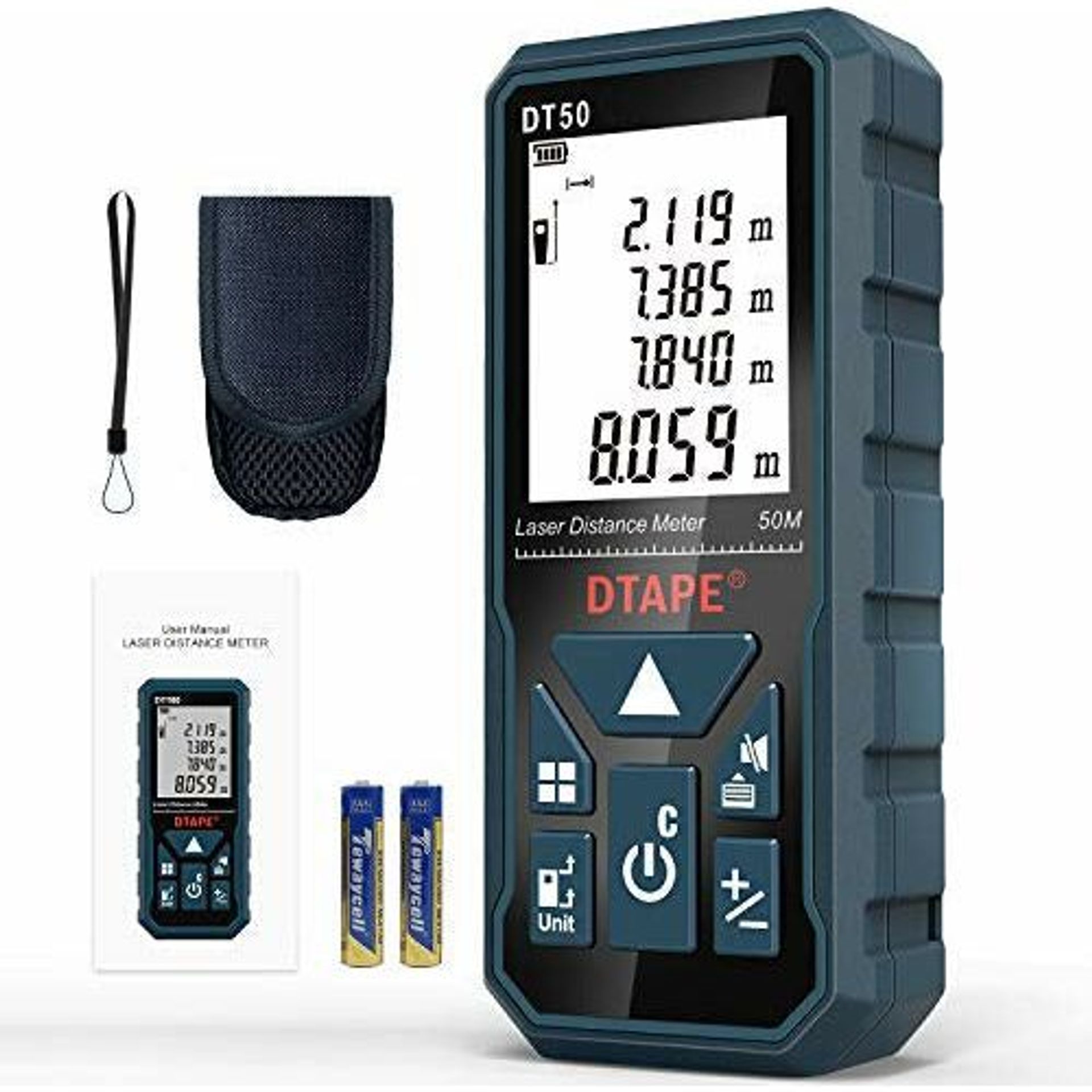 DTAPE DT50 Laser Measure – 165 Ft Range, ±1/16" Accuracy, M/in/ft Units, 20 Data Sets, Mute Mode, Backlit LCD, Pythagorean & Area/Volume Calculation – Battery & Strap Included