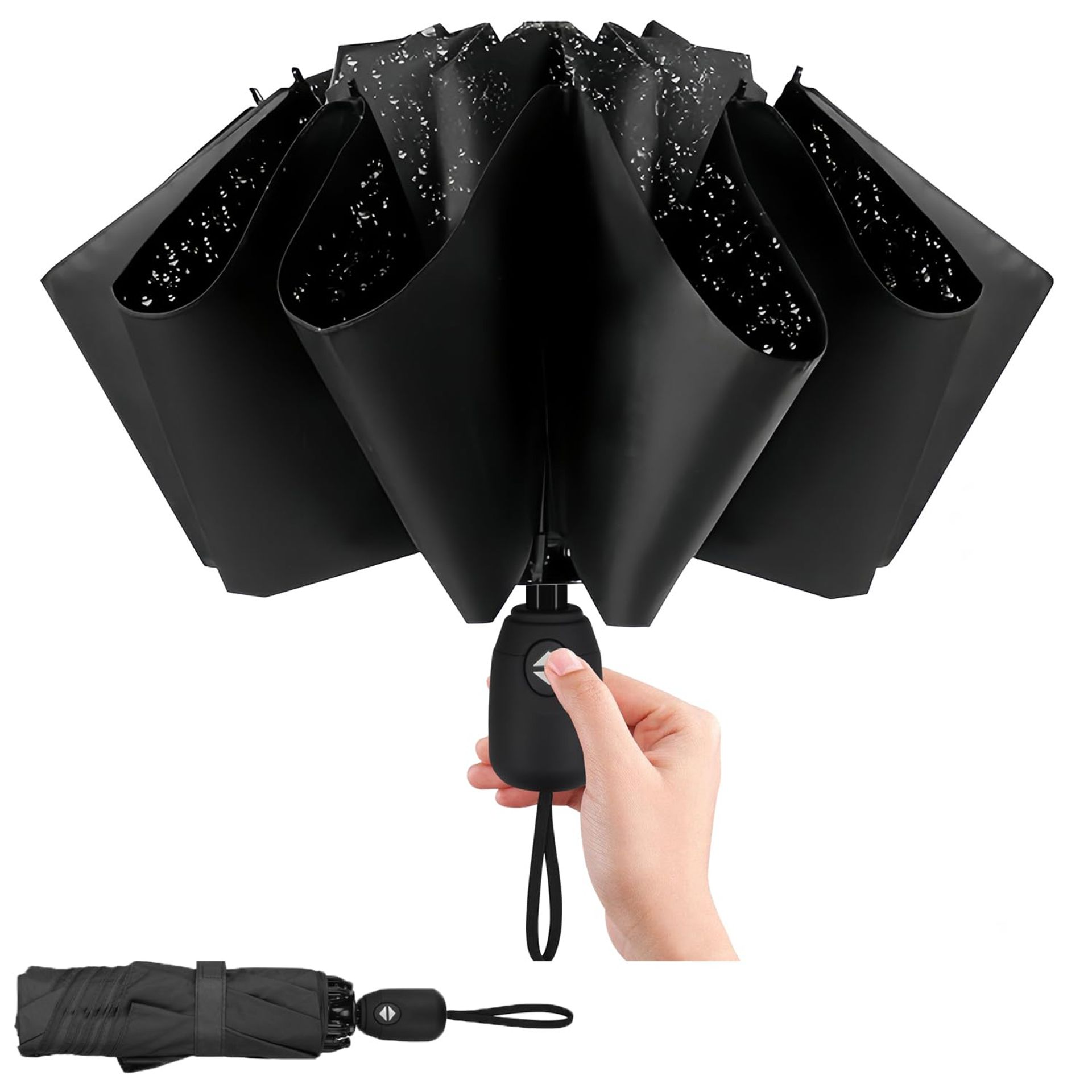 Inverted Windproof Umbrella Automatic Folding Compact Travel Design with 210T Teflon Coating - Black 90 cm