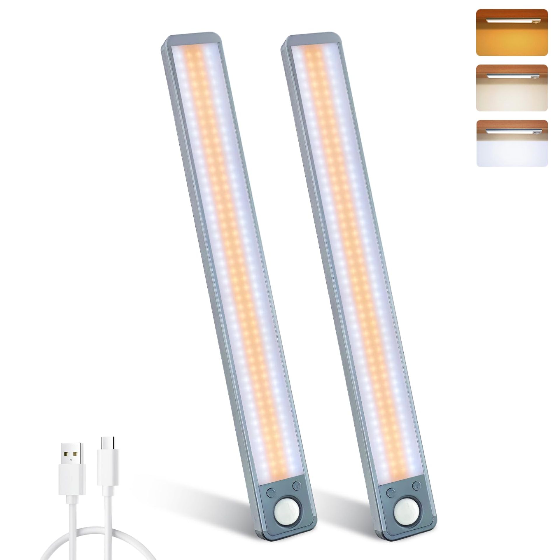 Under Cabinet LED Light Wireless Motion Sensor Rechargeable 3 Colour Dimmable Lighting for Kitchen, Wardrobe & Cupboard - Grey 2 Pack