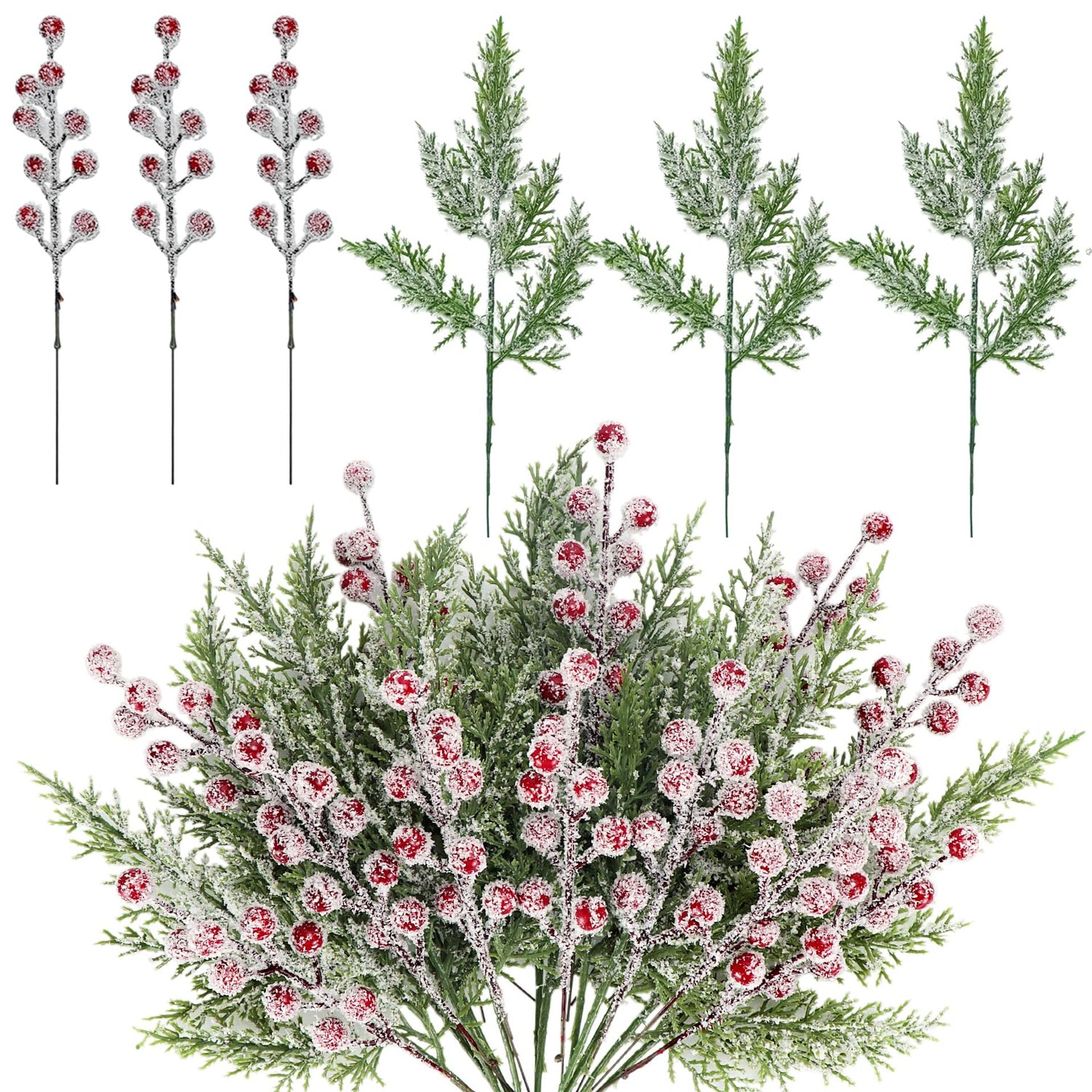 Pack of 24 Artificial Pine Branches & Holly Berries Set for Christmas Decorations & Wreath Making Supplies