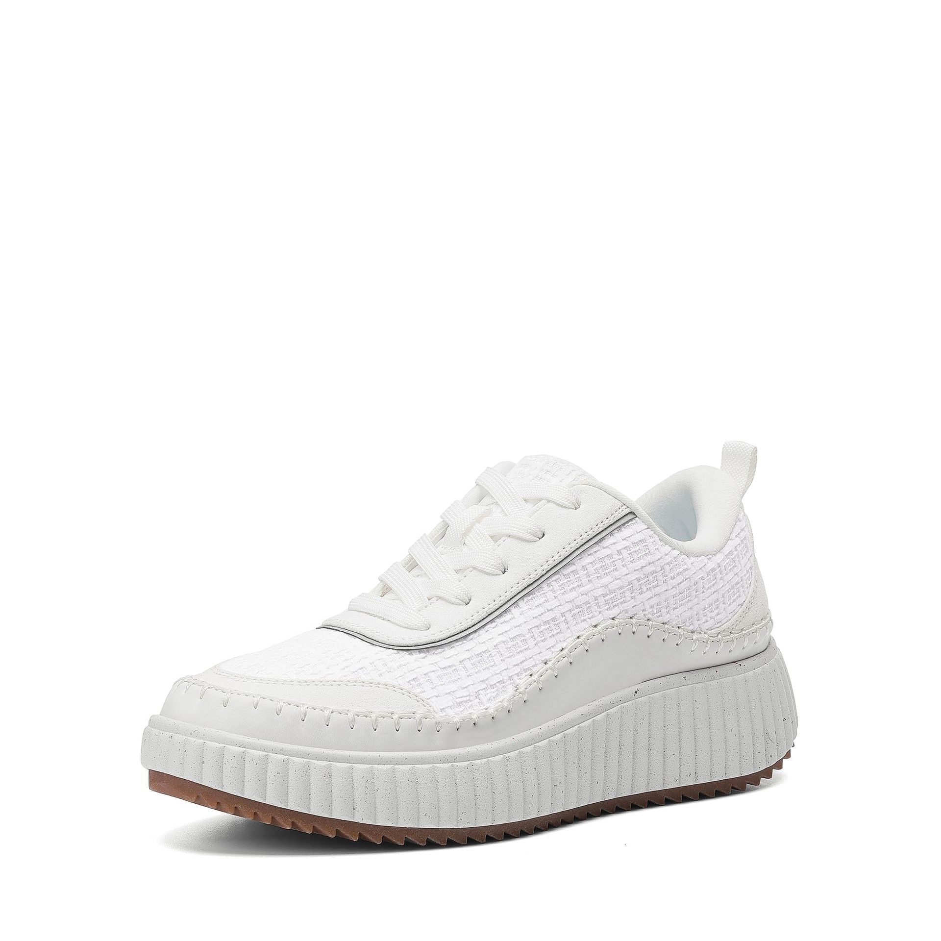 Women's Chunky Platform Trainers with Woven Upper – Casual White Sneakers Size 7.5