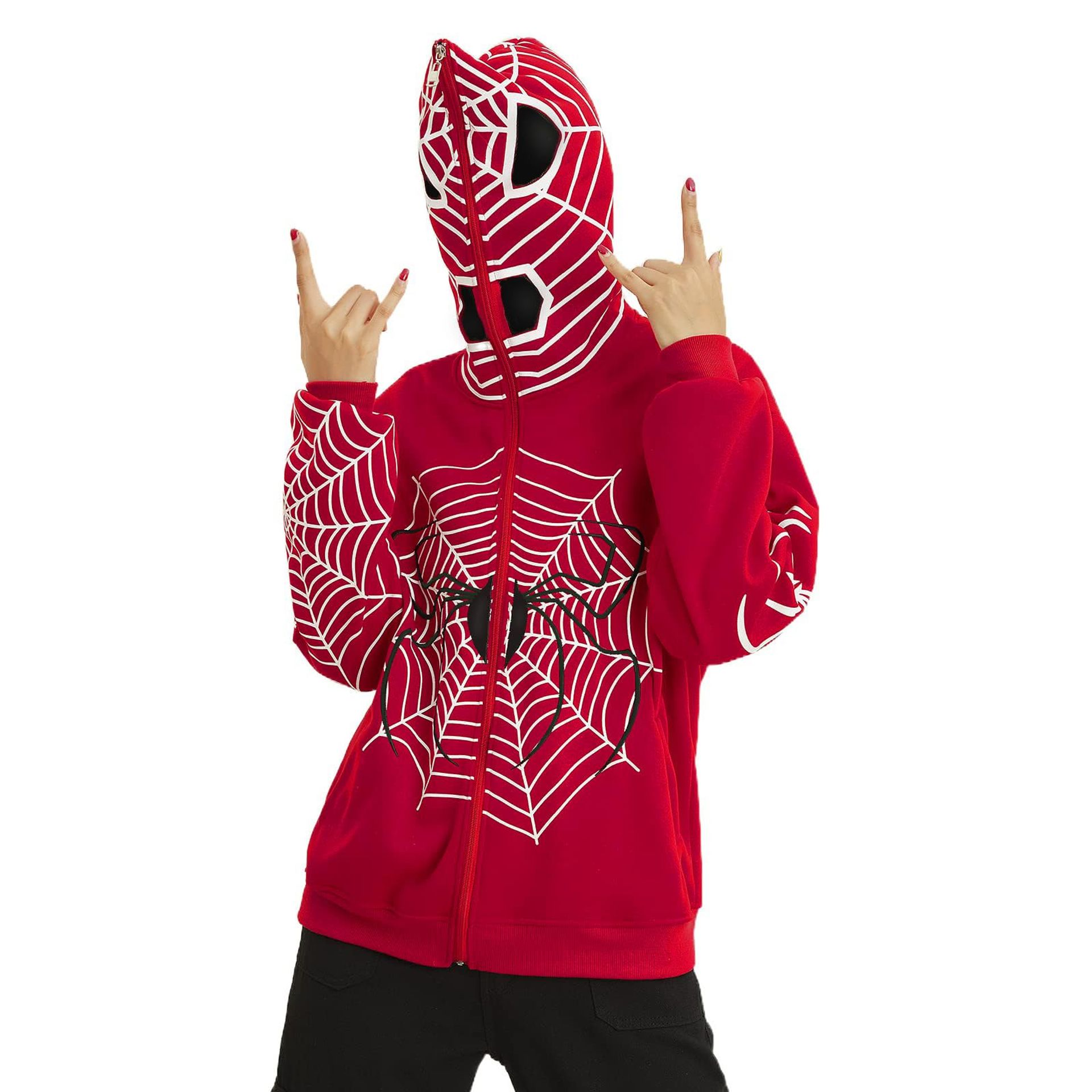 Women's Halloween Spider Web Zip-Up Hoodie Gothic Y2K Streetwear Oversized Jacket - Red L