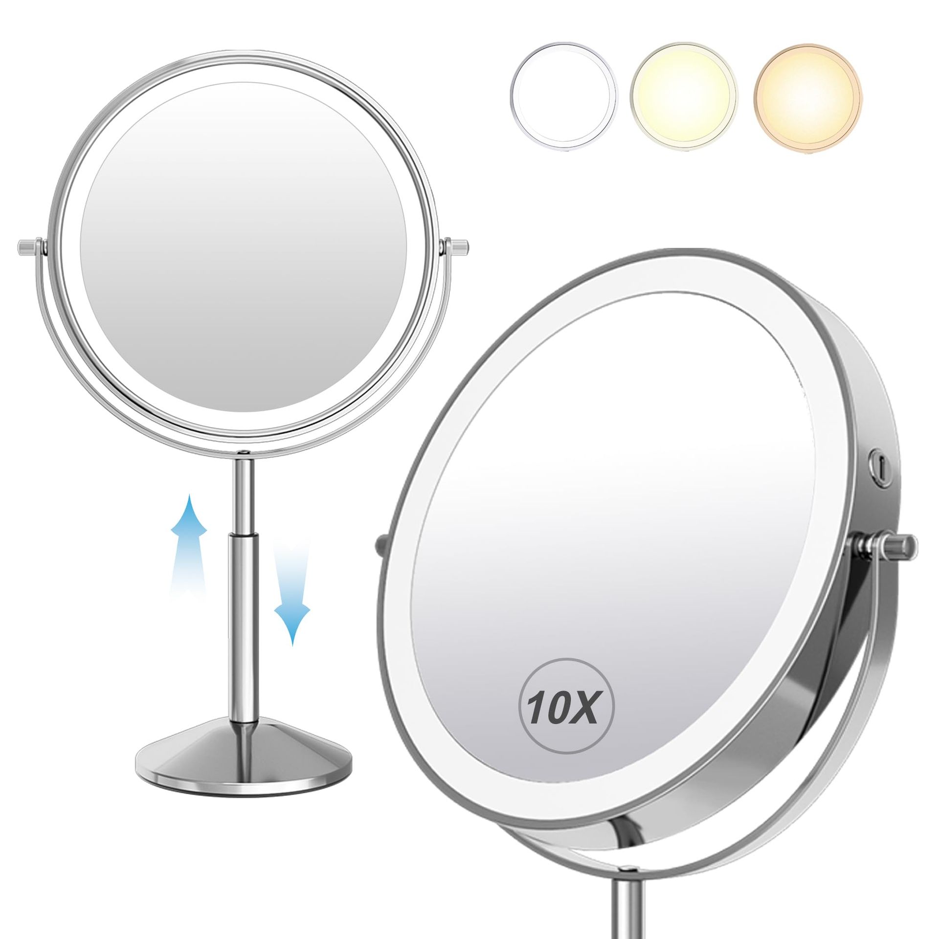 9" Lighted Makeup Mirror with 10x Magnification, Rechargeable, Adjustable Height & 360° Rotation - Chrome Finish