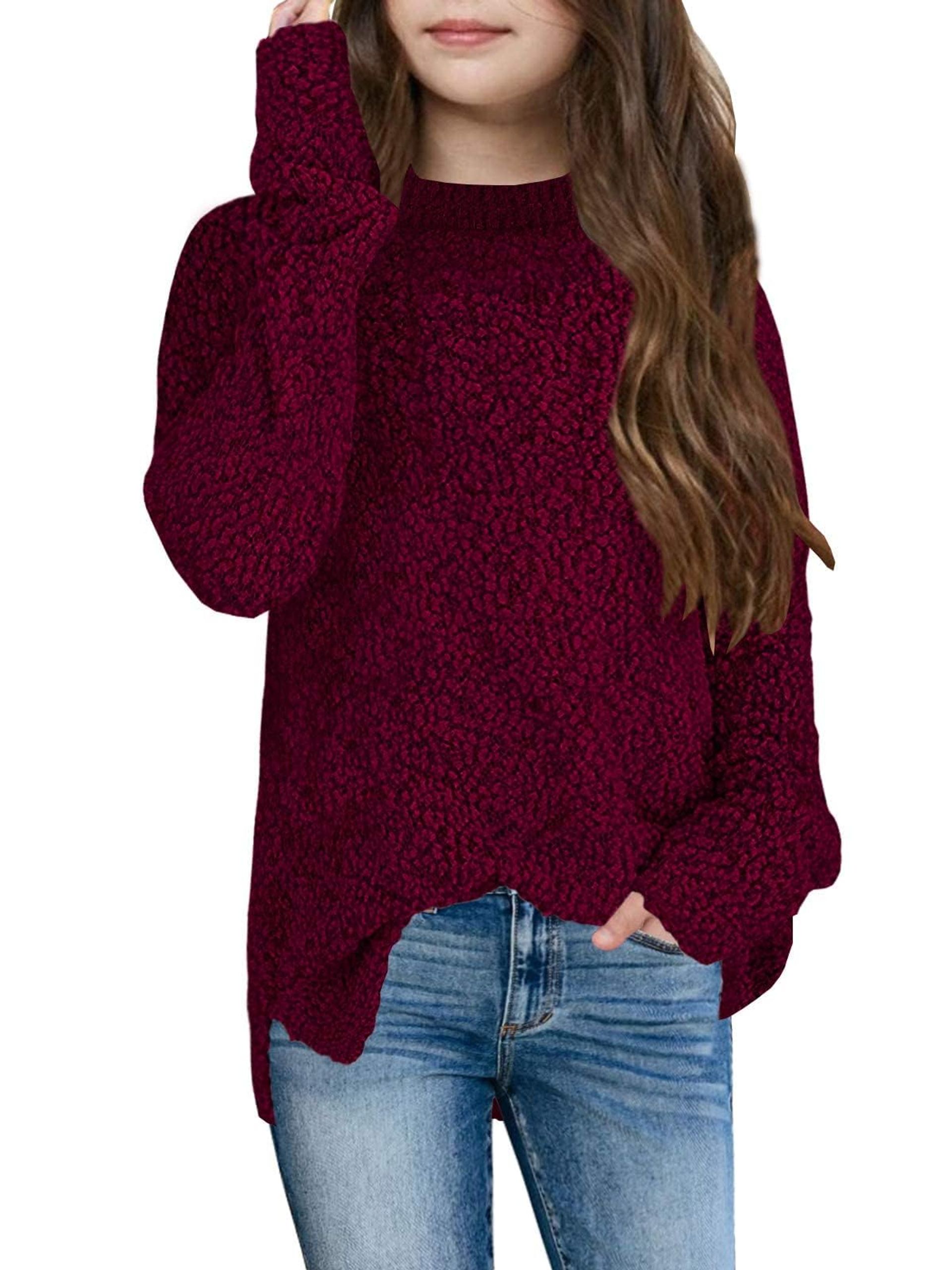 Girls Fuzzy Warm Jumper Soft Knit Crew Neck Chunky Winter Pullover by Imily Bela - Burgundy 130-140