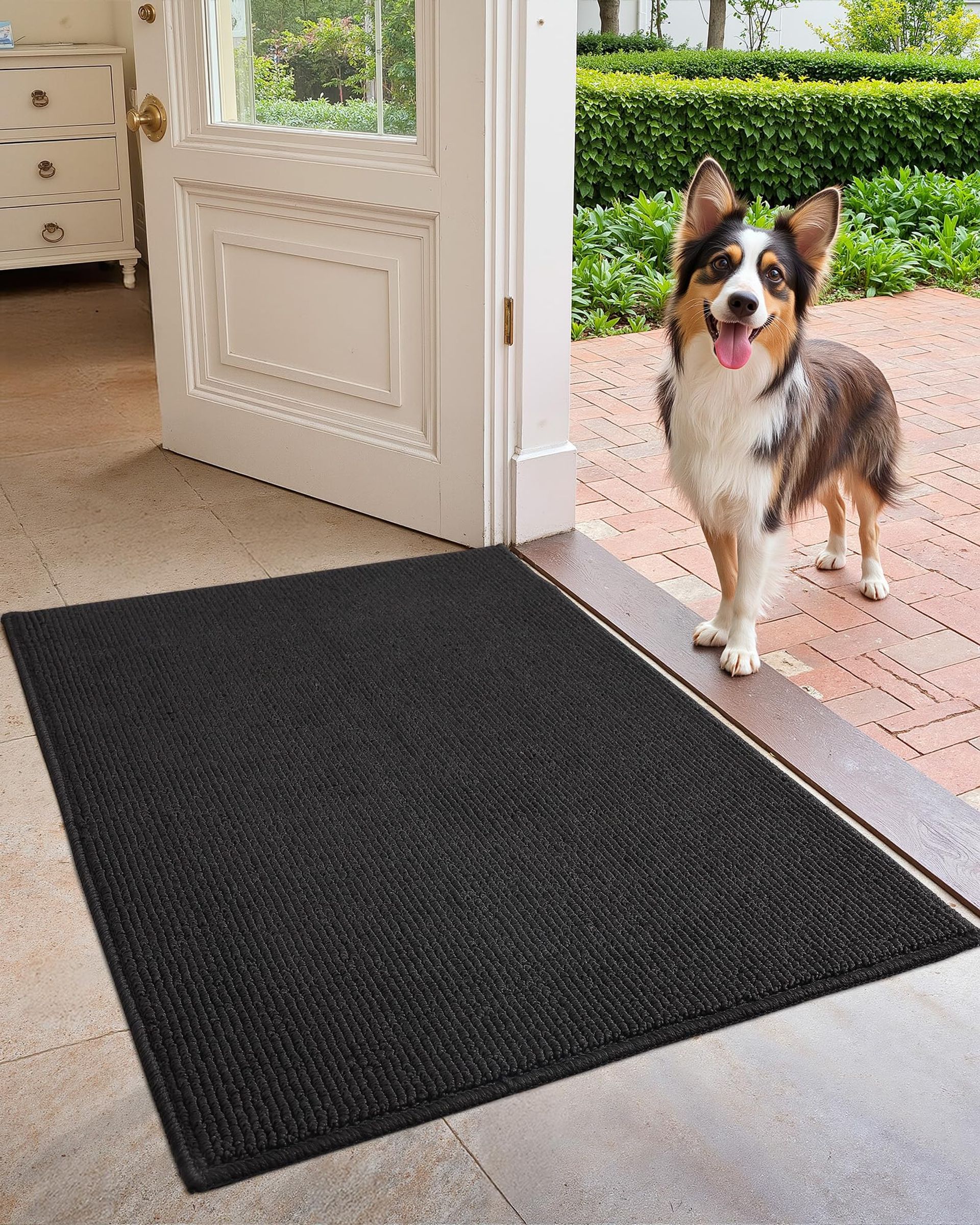 Indoor Door Mat Non Slip Dirt Trapper Washable Entryway Rug for Home, Front or Back Door, Pets and Muddy Boots - Black 44x75 cm