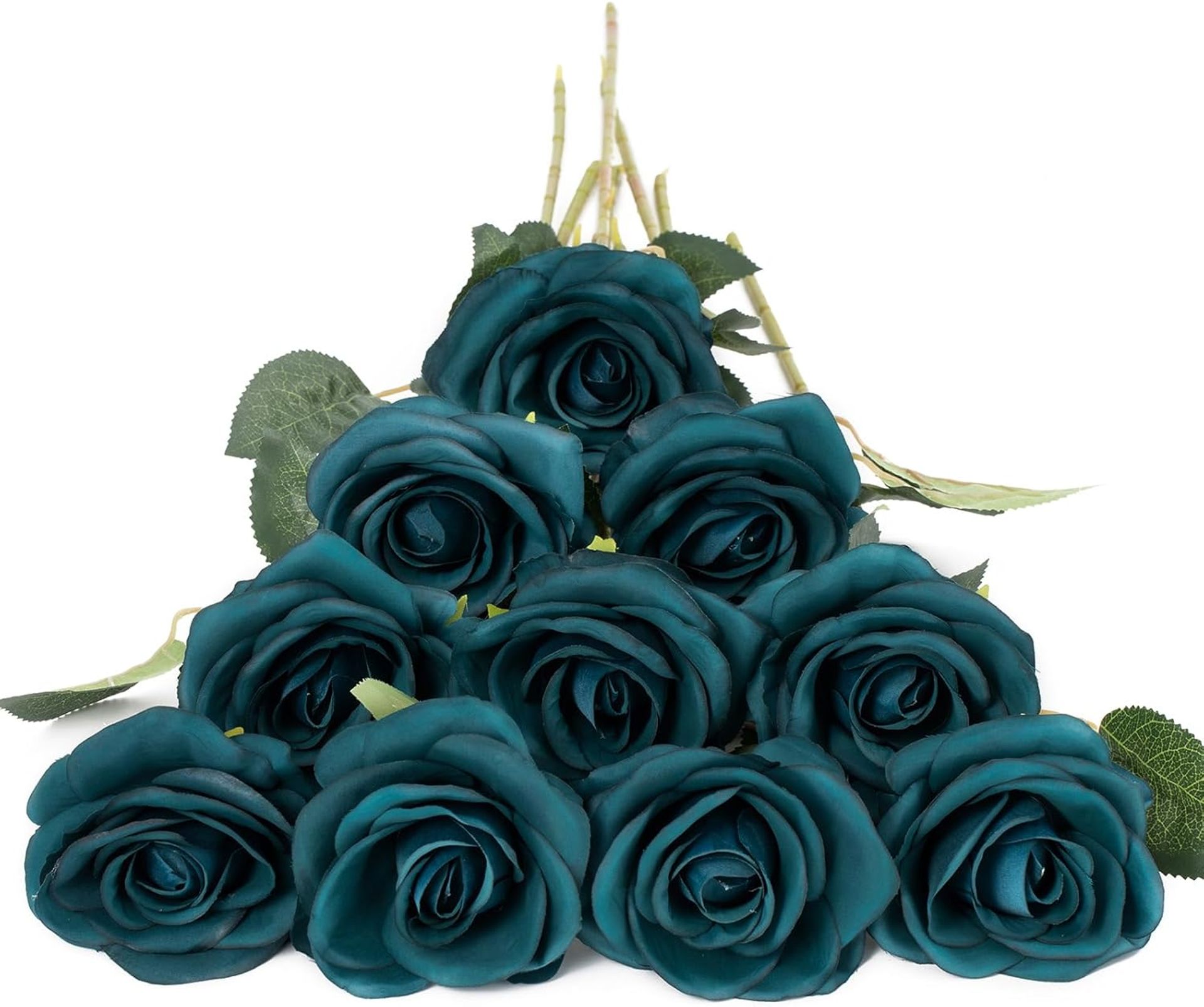 Elegant Peacock Blue Artificial Silk Roses - 10 Pcs Realistic Long Stem Flowers for Weddings & Home Decor