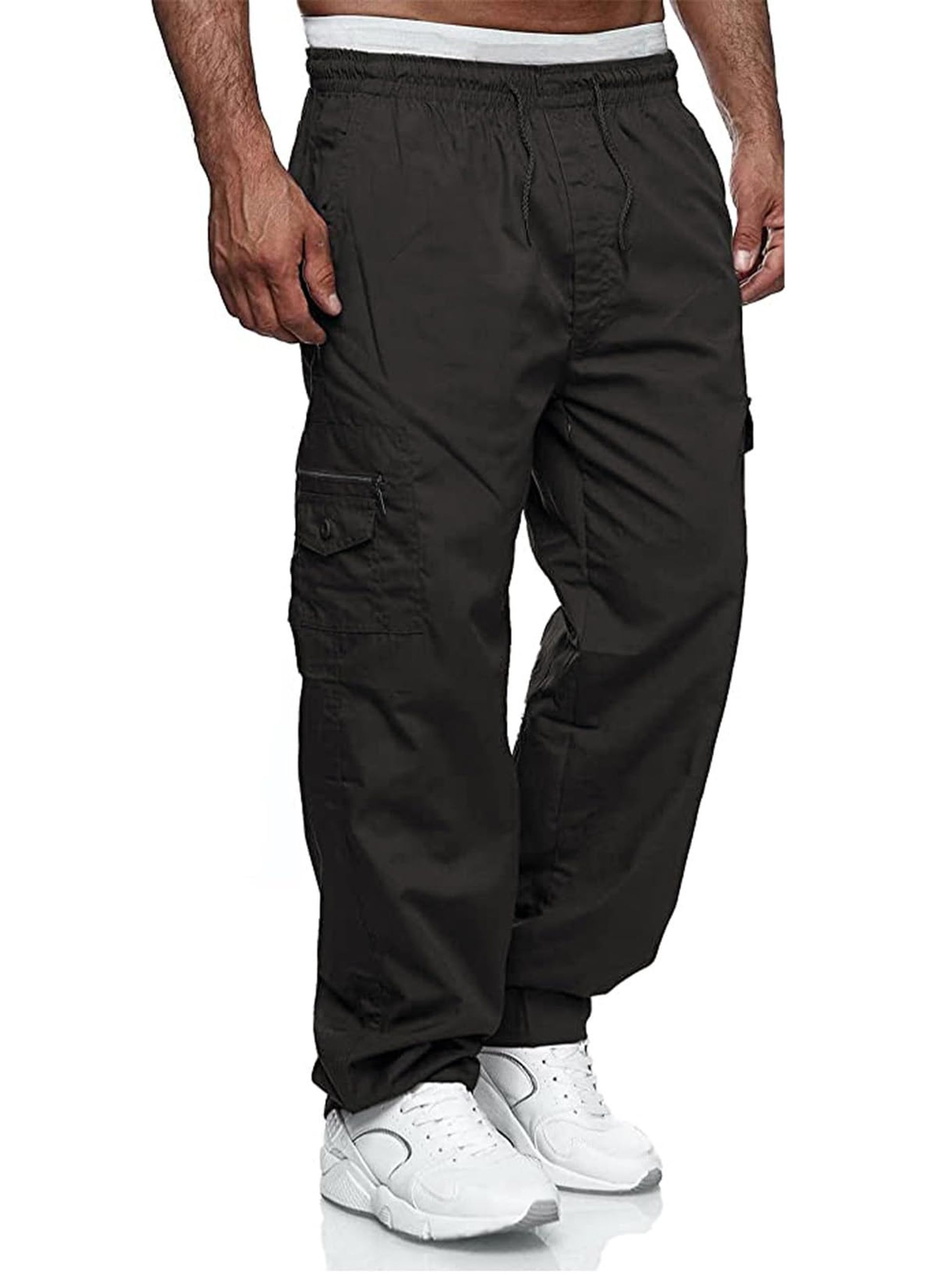 Men's Utility Cargo Work Trousers Durable Multi-Pocket Casual Joggers - Black 34