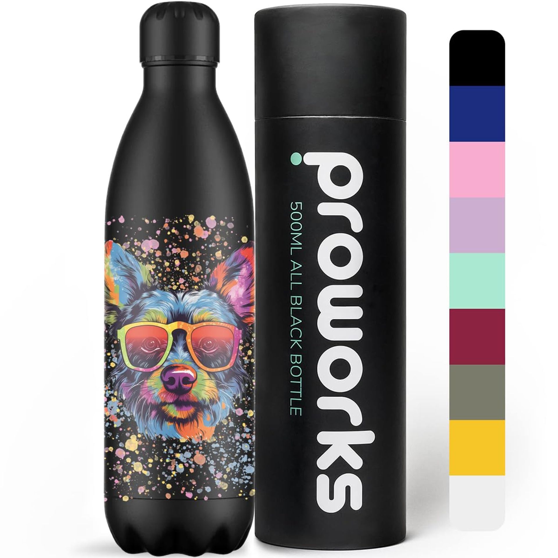 Insulated Stainless Steel Sports Water Bottle 500ml - Keeps Drinks Hot 12hrs & Cold 24hrs - Dog Paint Splatter Black