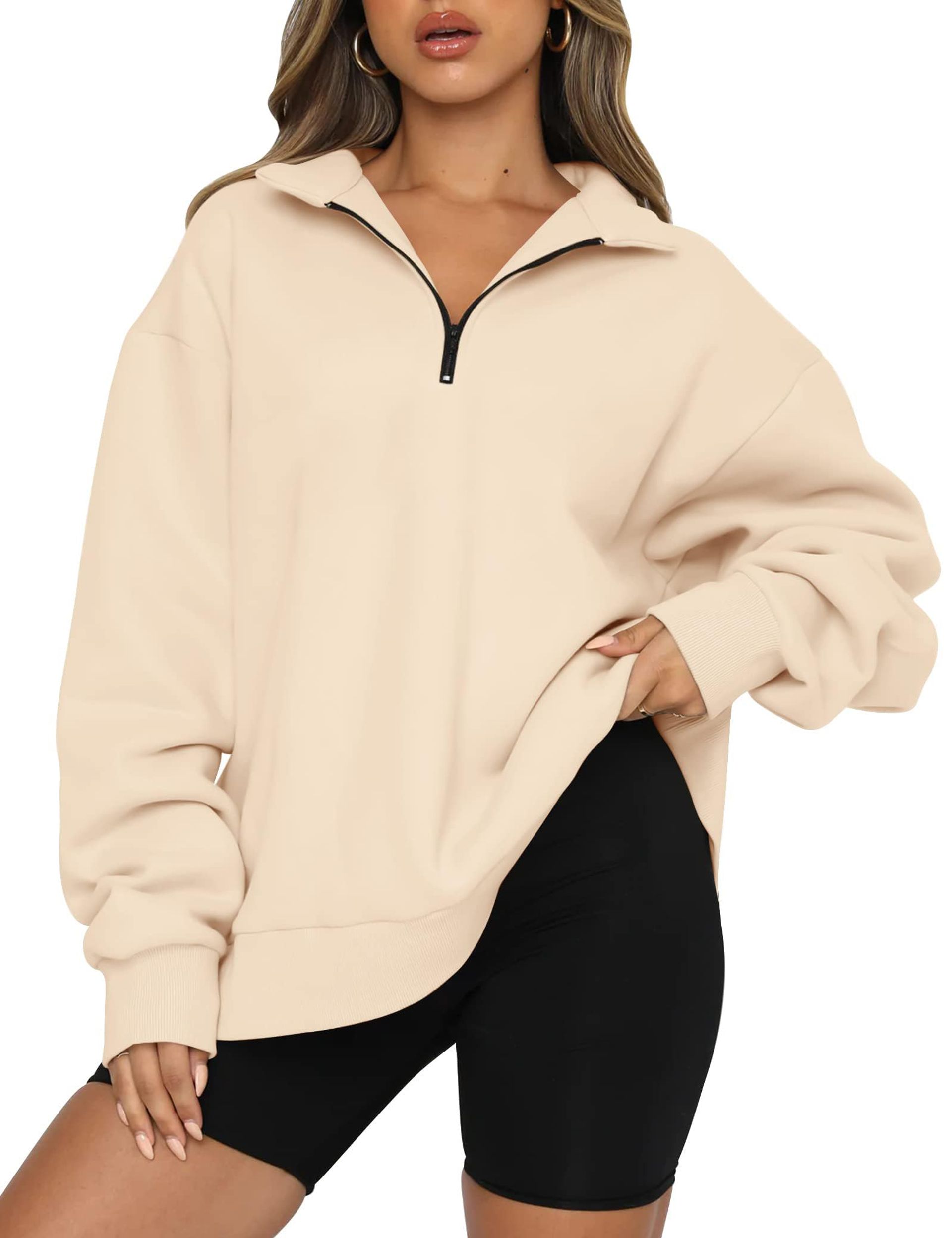Women's Oversized Sweatshirt Long Sleeve Quarter Zip Casual Pullover Jumper - Apricot S