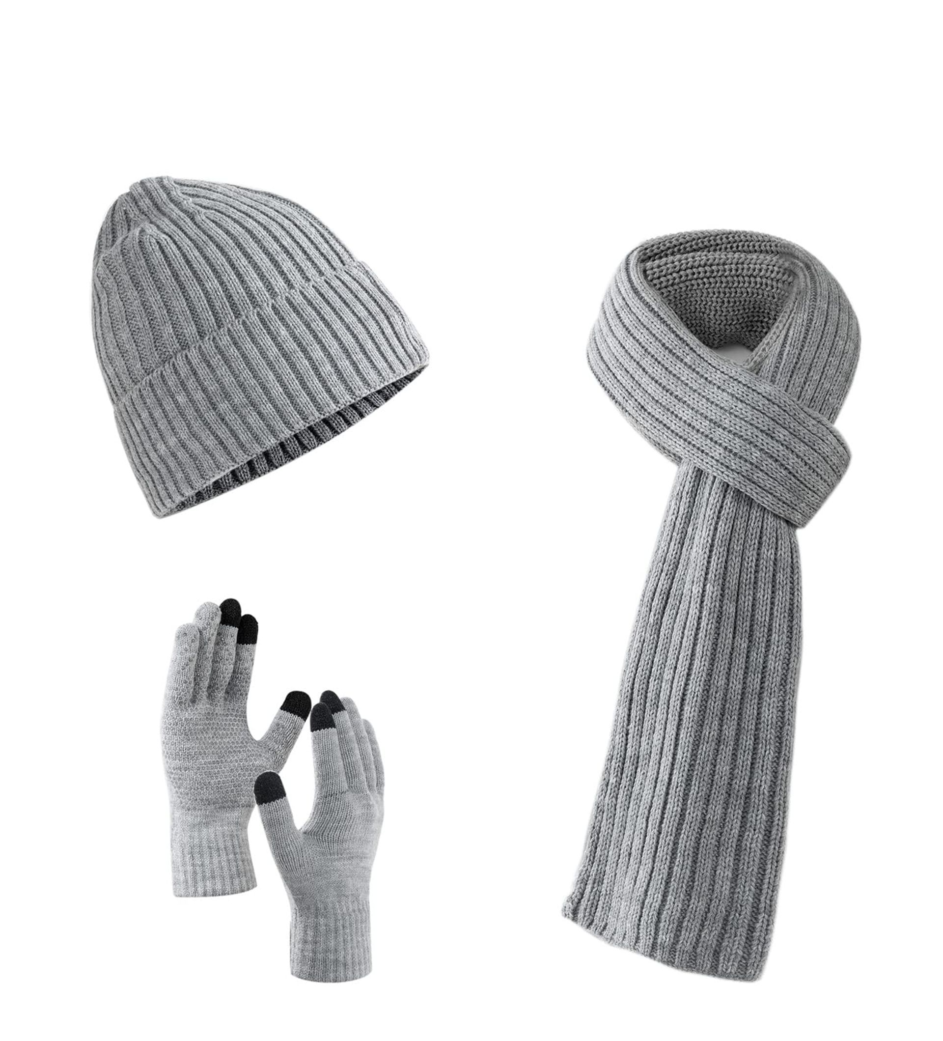 Unisex Winter Scarf Beanie and Gloves Set Soft Knit Warm Gift Bag - Light Grey M-XL