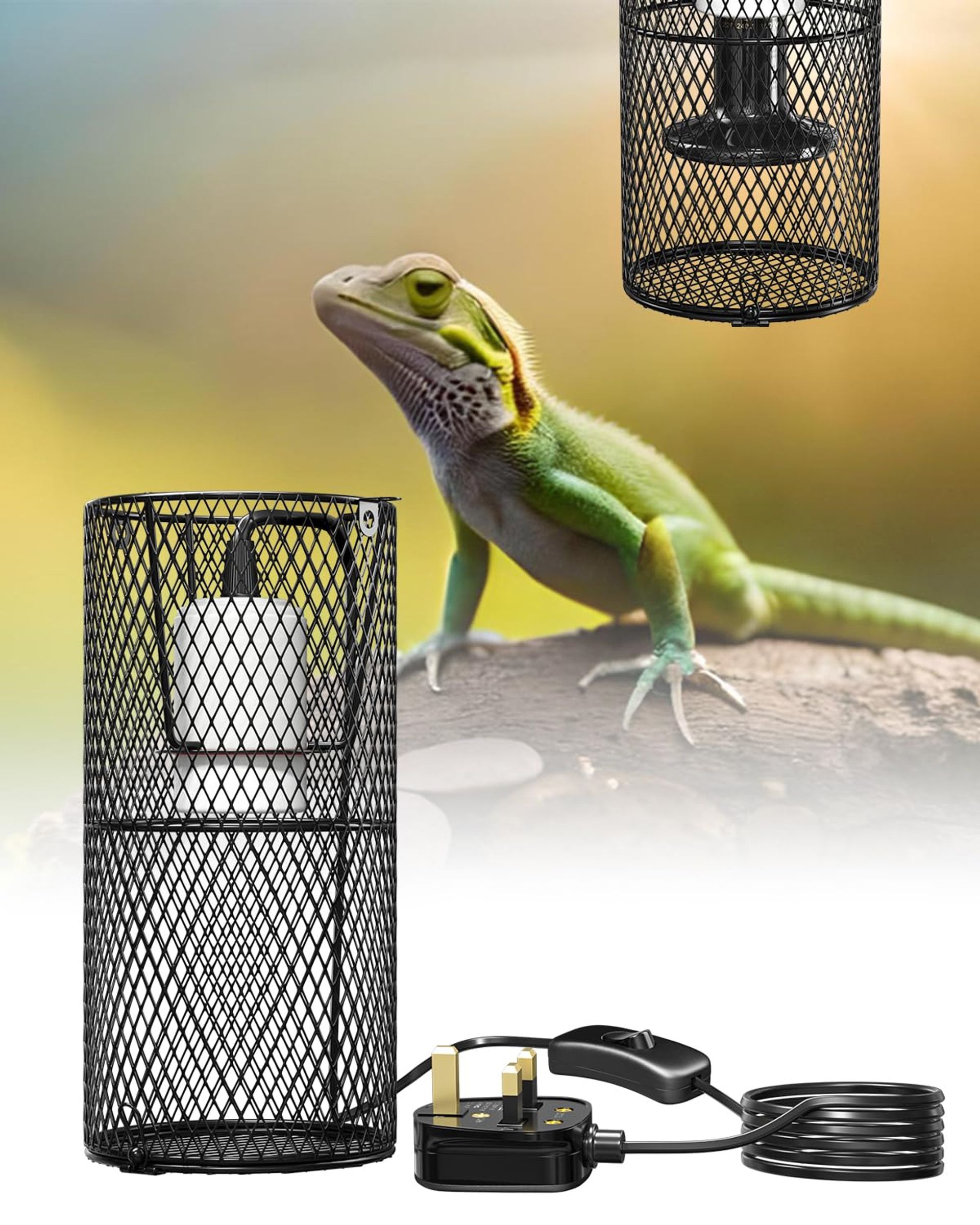 Reptile Heat Lamp Holder with Guard 200W Ceramic Socket Mount Bracket for Tortoise, Snake, Bearded Dragon - Black Style 2530-1