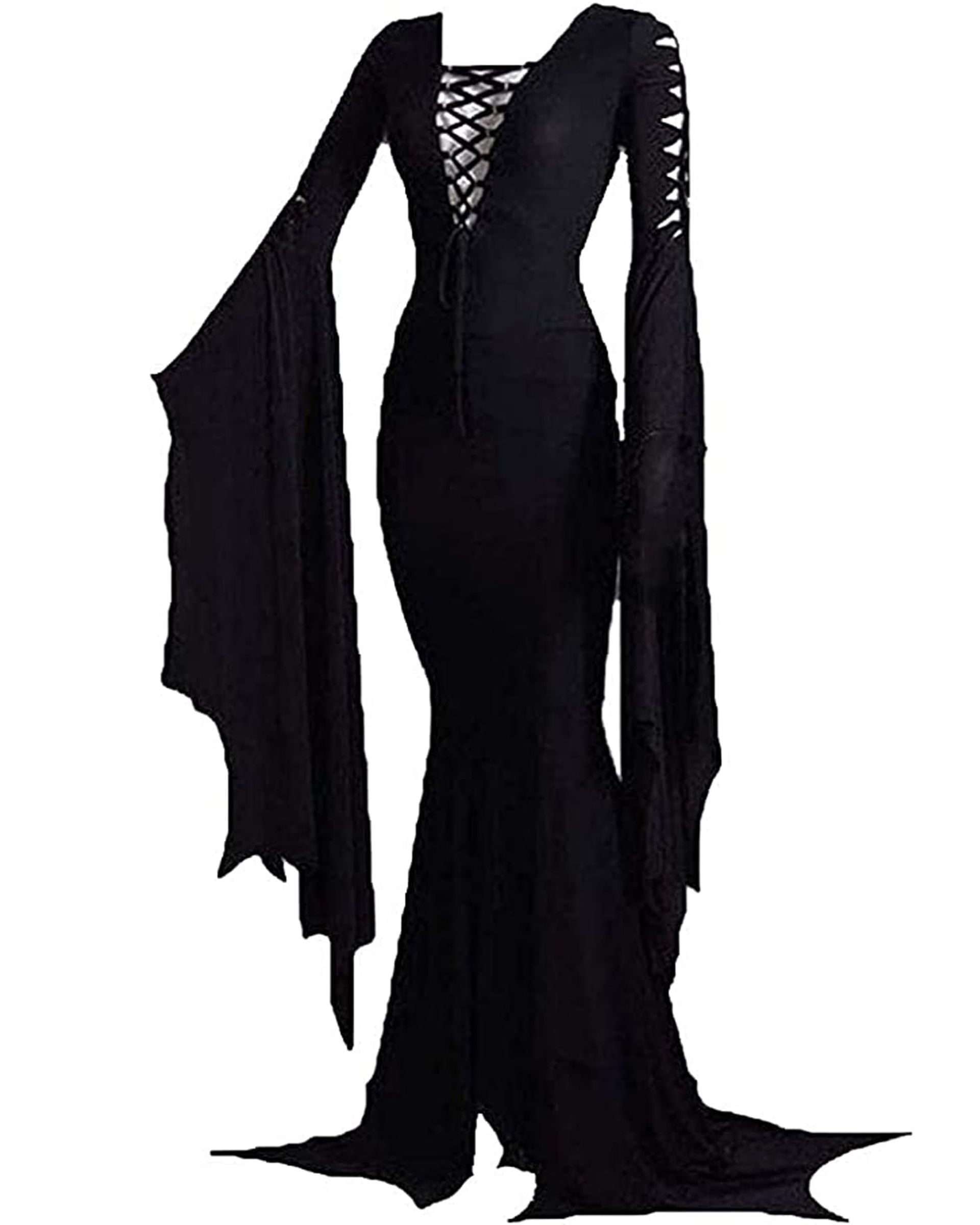 Women's Halloween Party Dress Lace-Up Gothic Costume with Sheer Mesh Sleeves - Black S