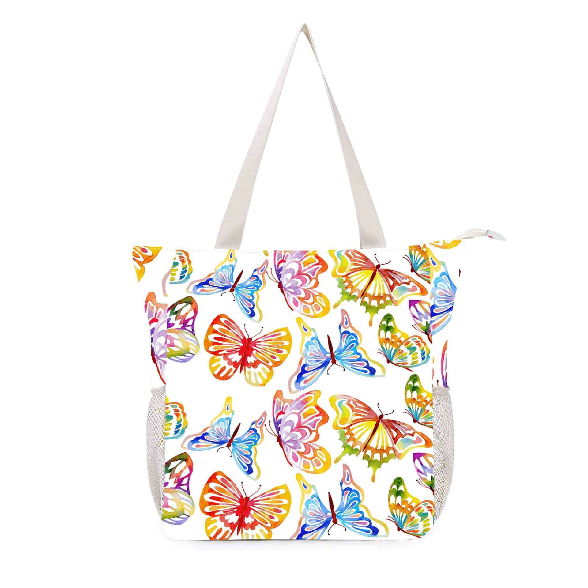 Large Waterproof Beach Tote Bag with Zip and 7 Organiser Pockets for Women - White Butterfly XL