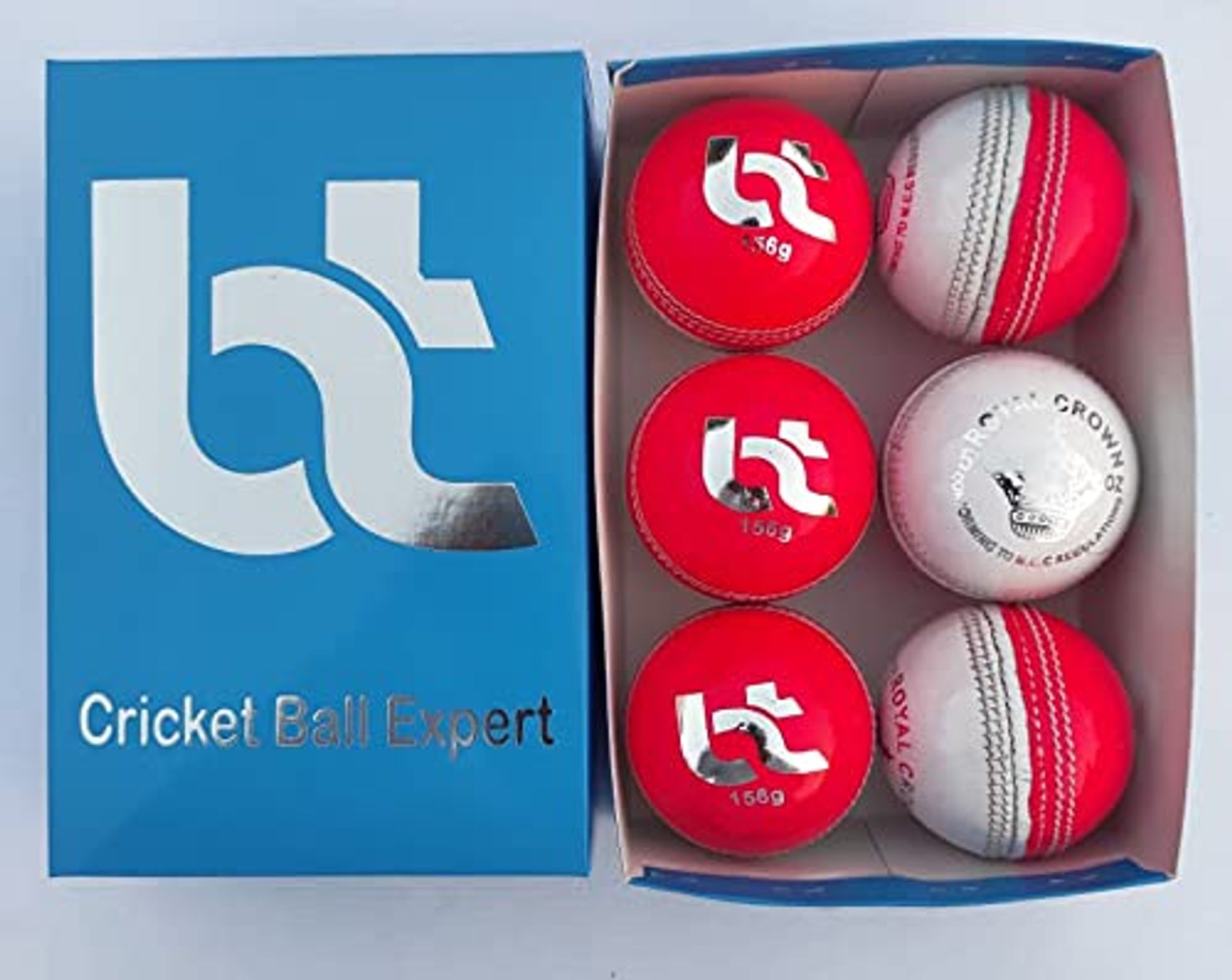 BT Cricket Ball Expert Pack of 6 Genuine Leather Match and Practice Balls - White/Pink 156g